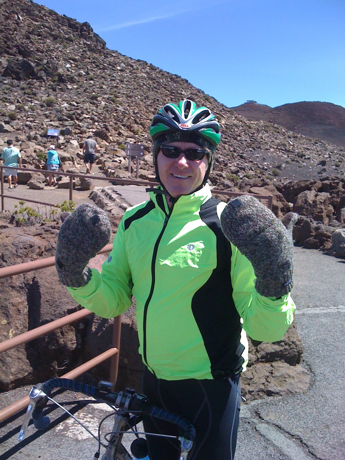 Dressed for riding in Hawaii in July!
