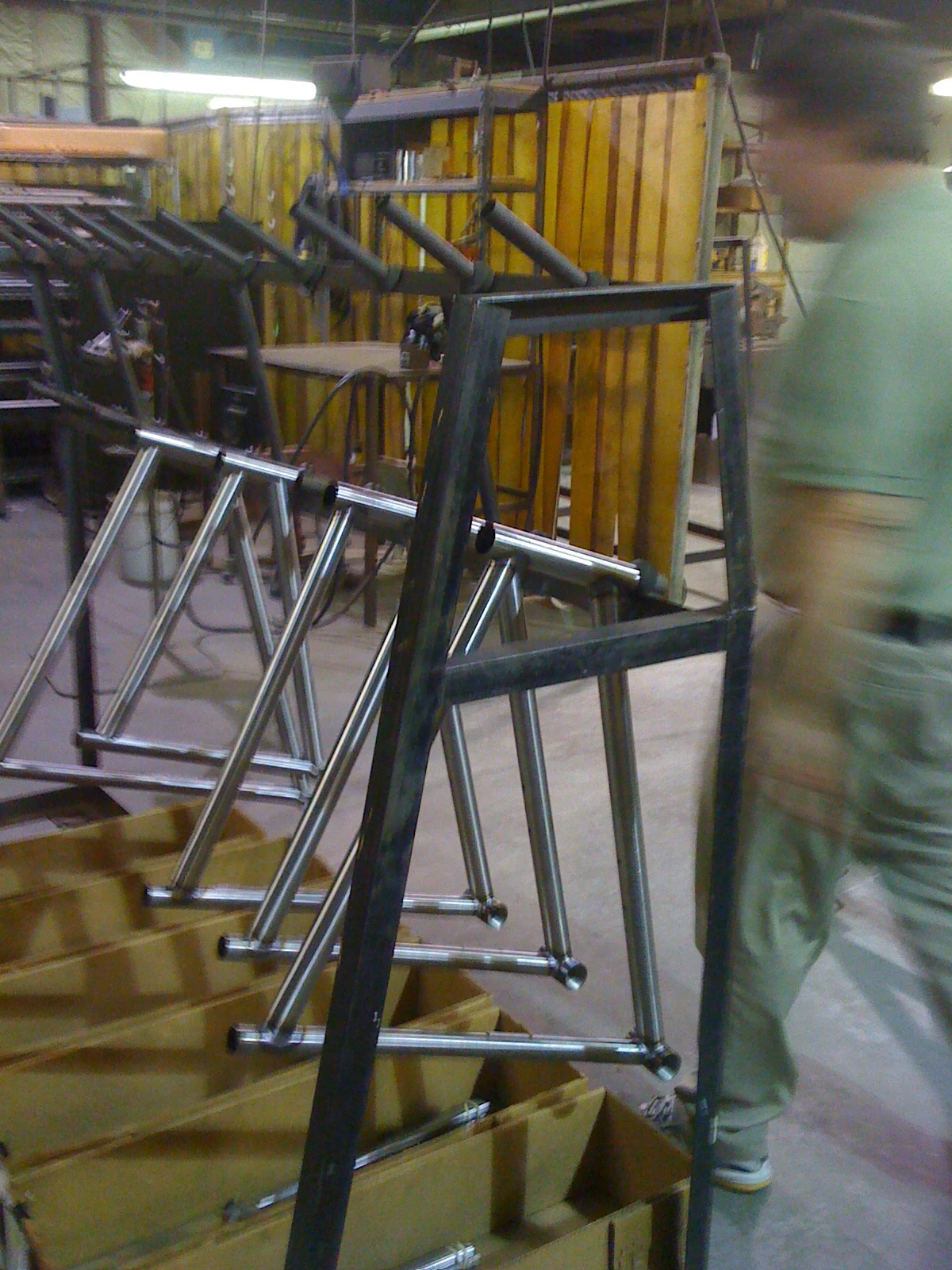 Steel frames waiting for some rear triangles to be attached. Seems like there were a lot of cross bikes going out. 