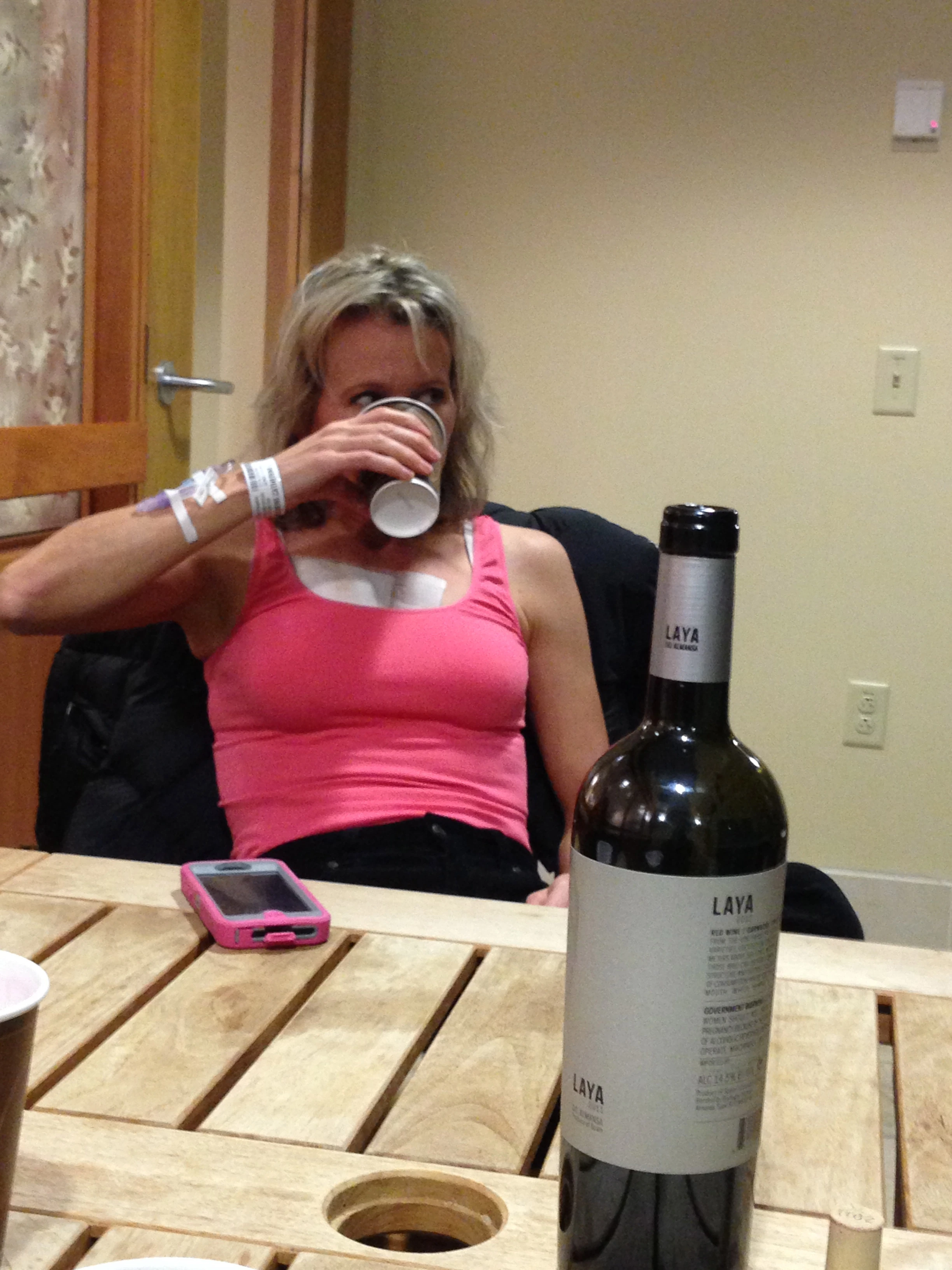 Finally, we took a bottle of wine over to the hospital and drank it with Catherine late. 