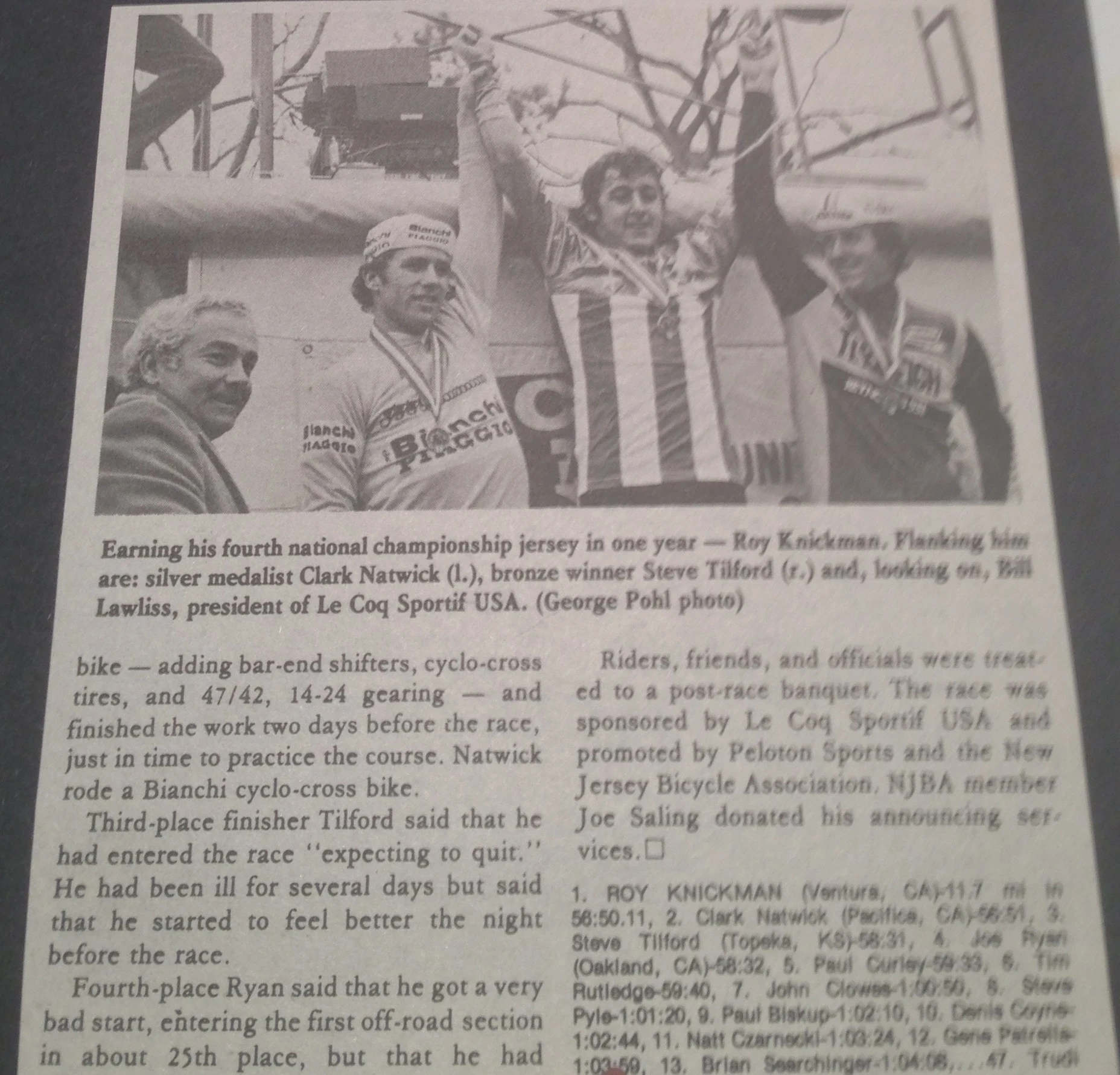 Here&rsquo;s the podium shot with Clark and Roy. If you notice at the very bottom right in the results, you&rsquo;ll see that Trudi was the only woman, finishing 47th, so I suppose she is National Champion that year by default. 
