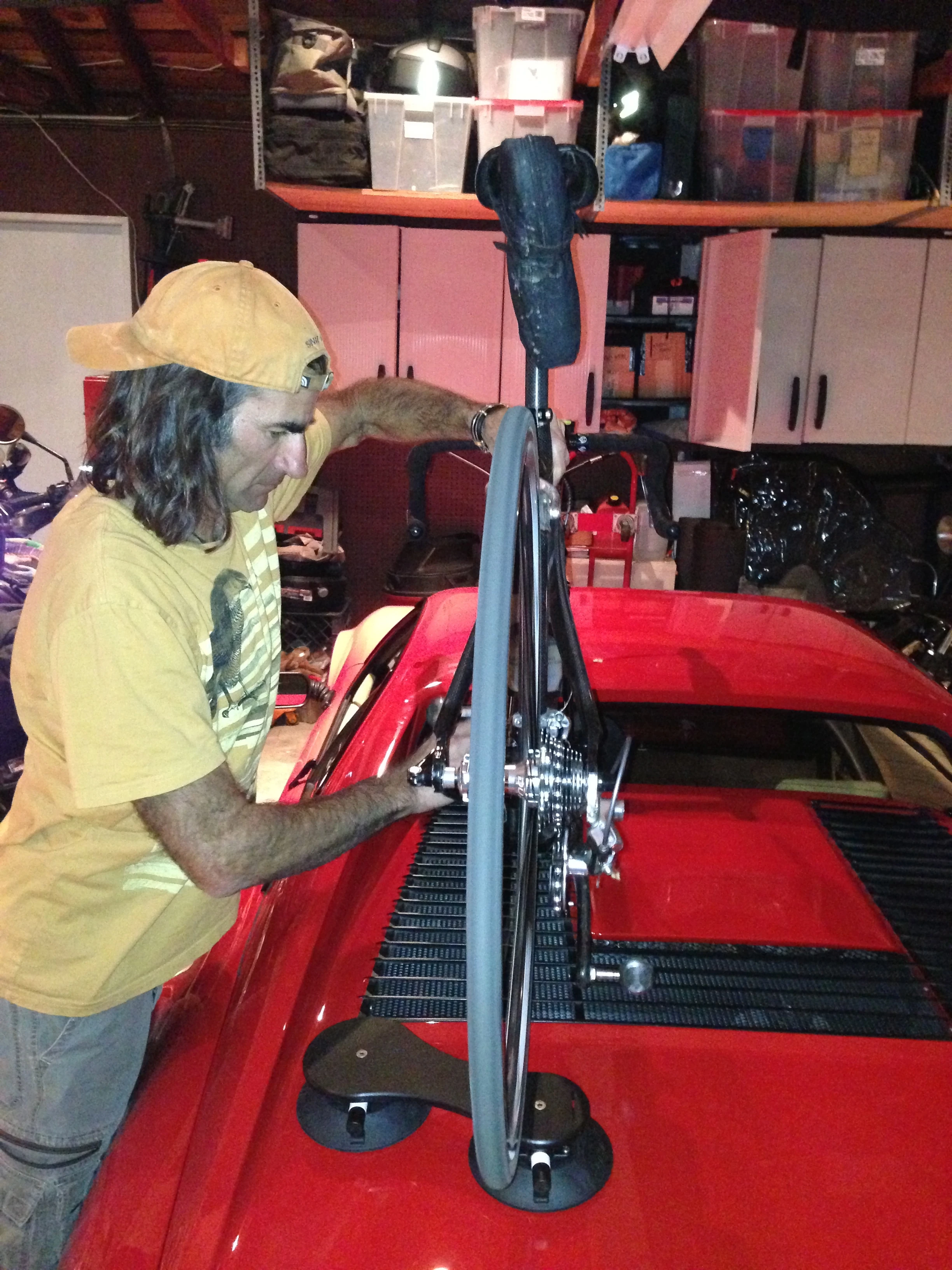 Don was mounting a new bike rack on his Ferrari. He didn&rsquo;t get the one in Austin during the F1, he flew out to New York for this one.