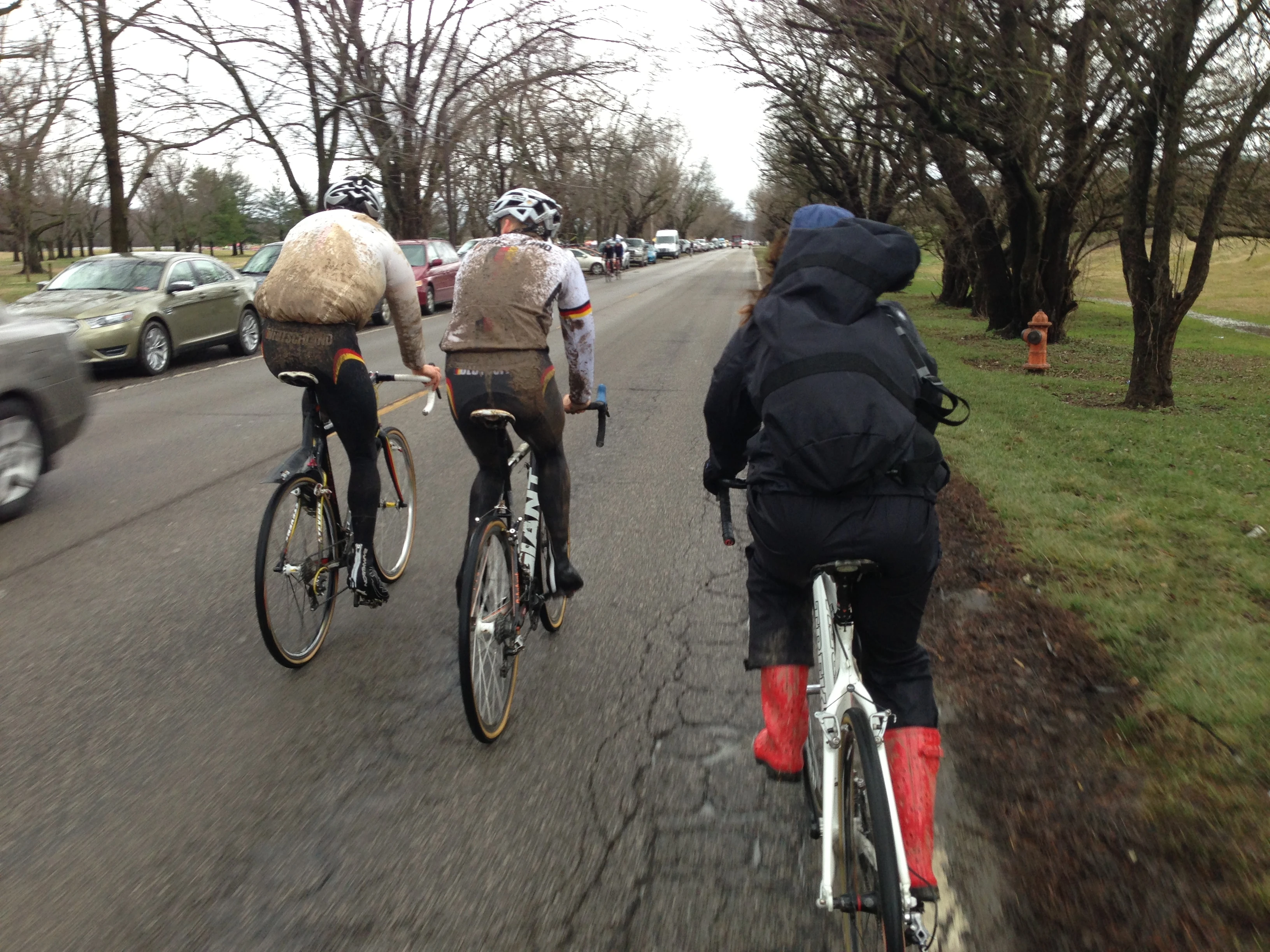 Then they rode by us. Trudi is here with her red rubber boots.