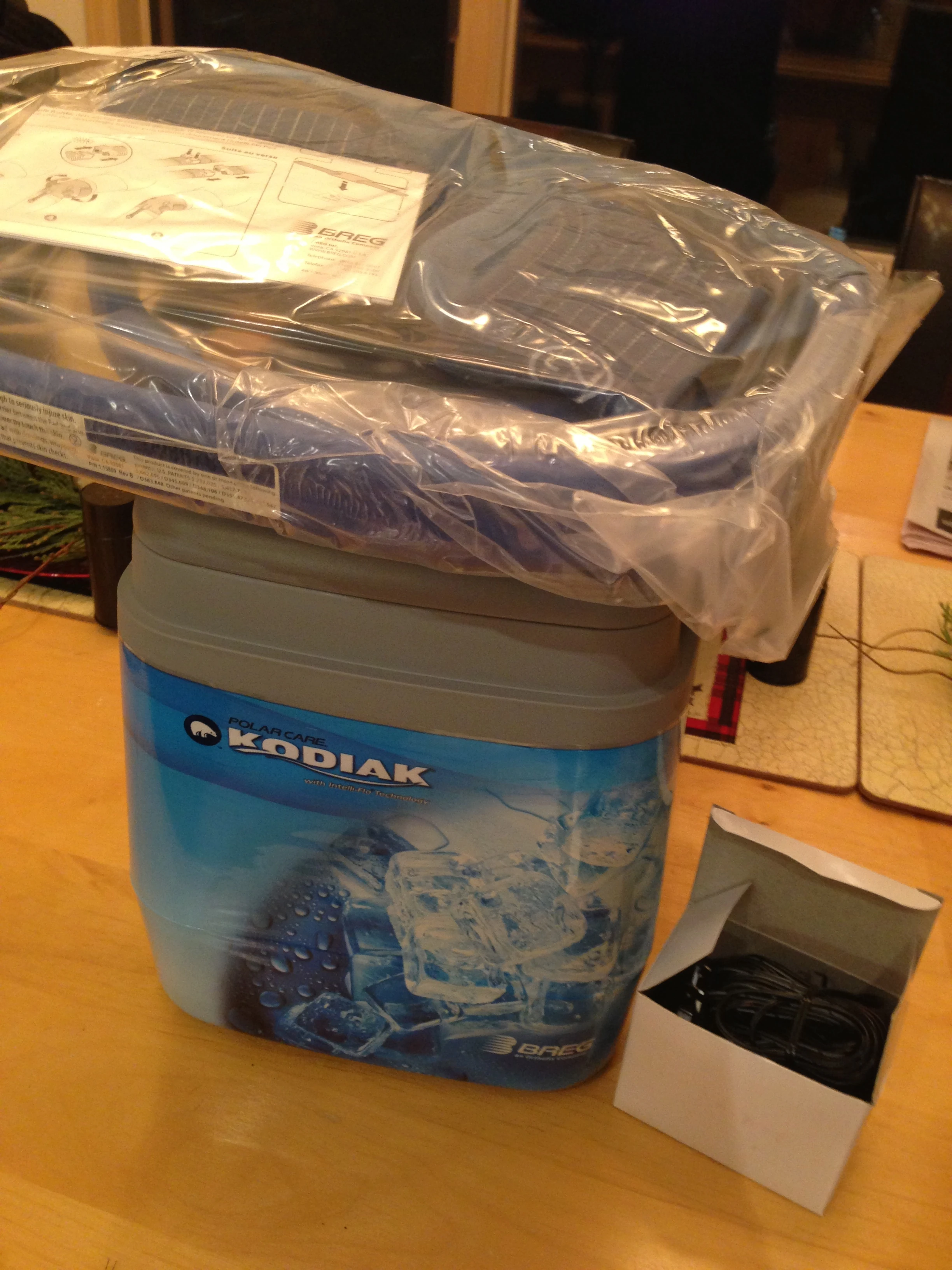 This is a Breg Polar Pack that my friend Stacey had the Breg guys send to me in Silverthorne. It circulates cold water to a shoulder bag, reducing inflammation and such.