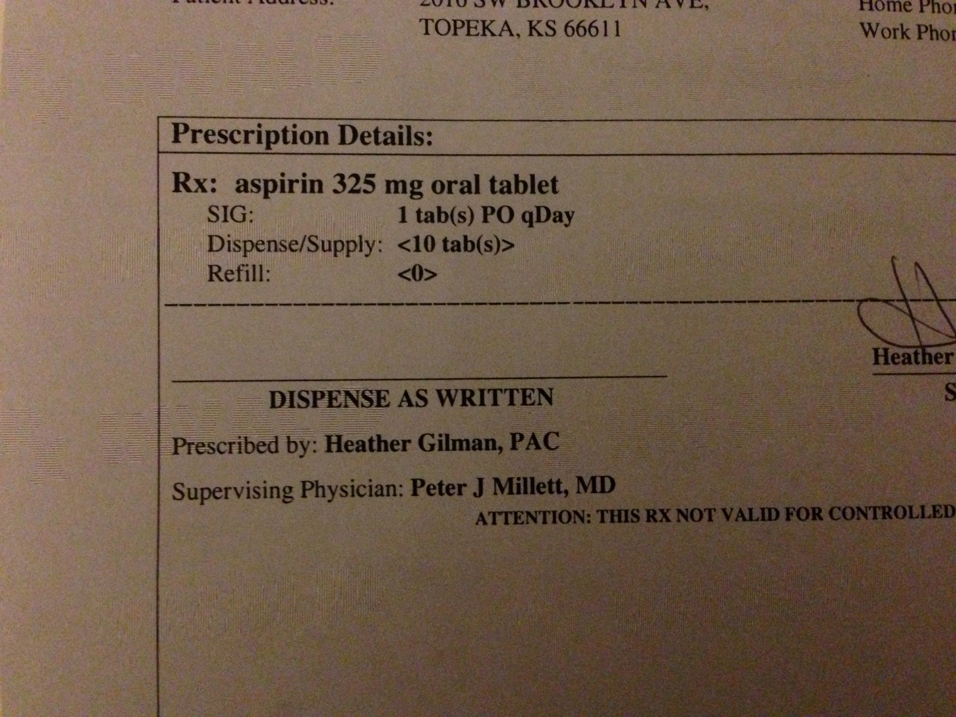 I left the hospital with prescription for aspirin. I&rsquo;ve been taking the 81 mg ones ever since I got that blood clot in my leg from crashing last April. I wasn&rsquo;t positive that they sold the 325mg over the counter still after seeing this. They do.