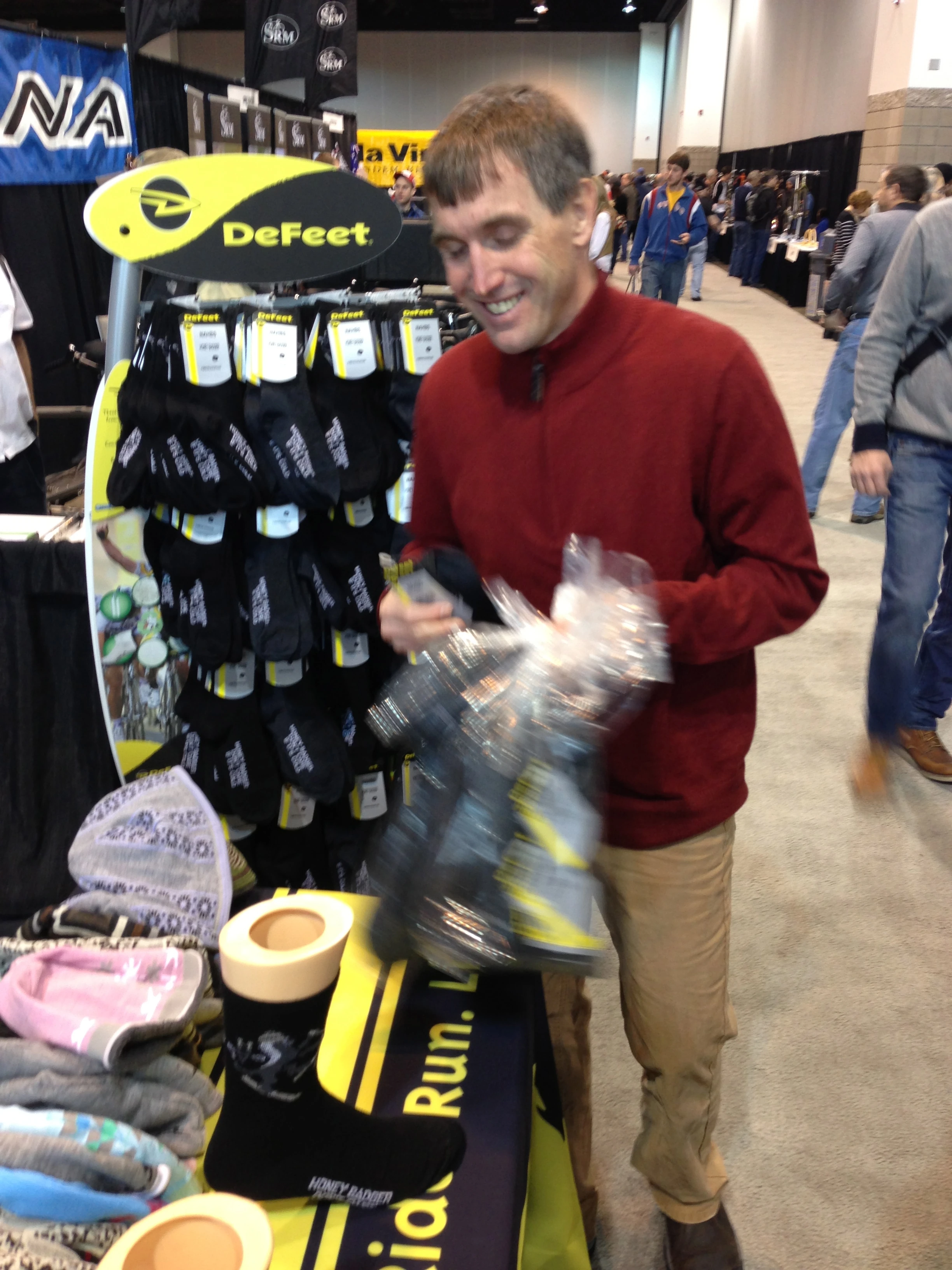 Vincent bought 29 pair of Defeet wool socks right when we got to the show. His rational is that you don&rsquo;t have to spend any time matching up the pairs if all your socks are the same. Hard to argue with that.