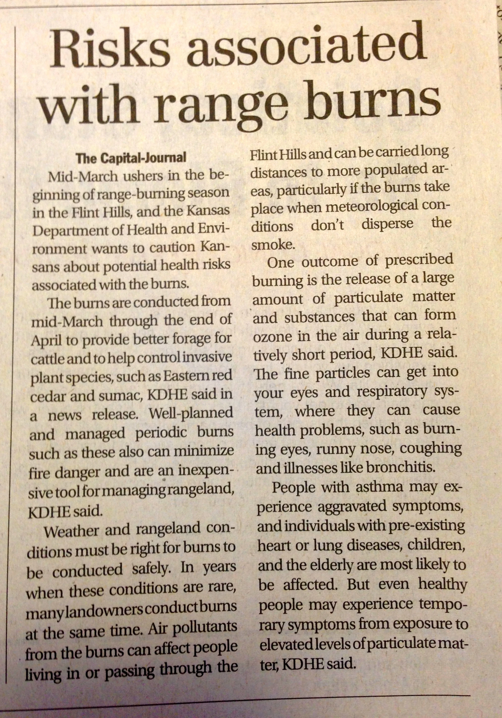 Article in the Topeka paper about the hazards of burning. Click twice to enlarge.