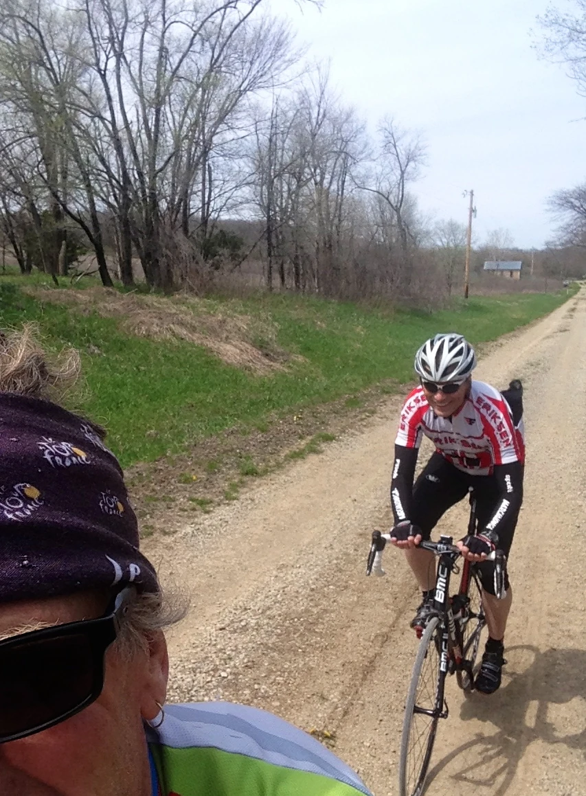 Dennis following on gravel on his new road bike. It is rarer than a Yeti sighting.