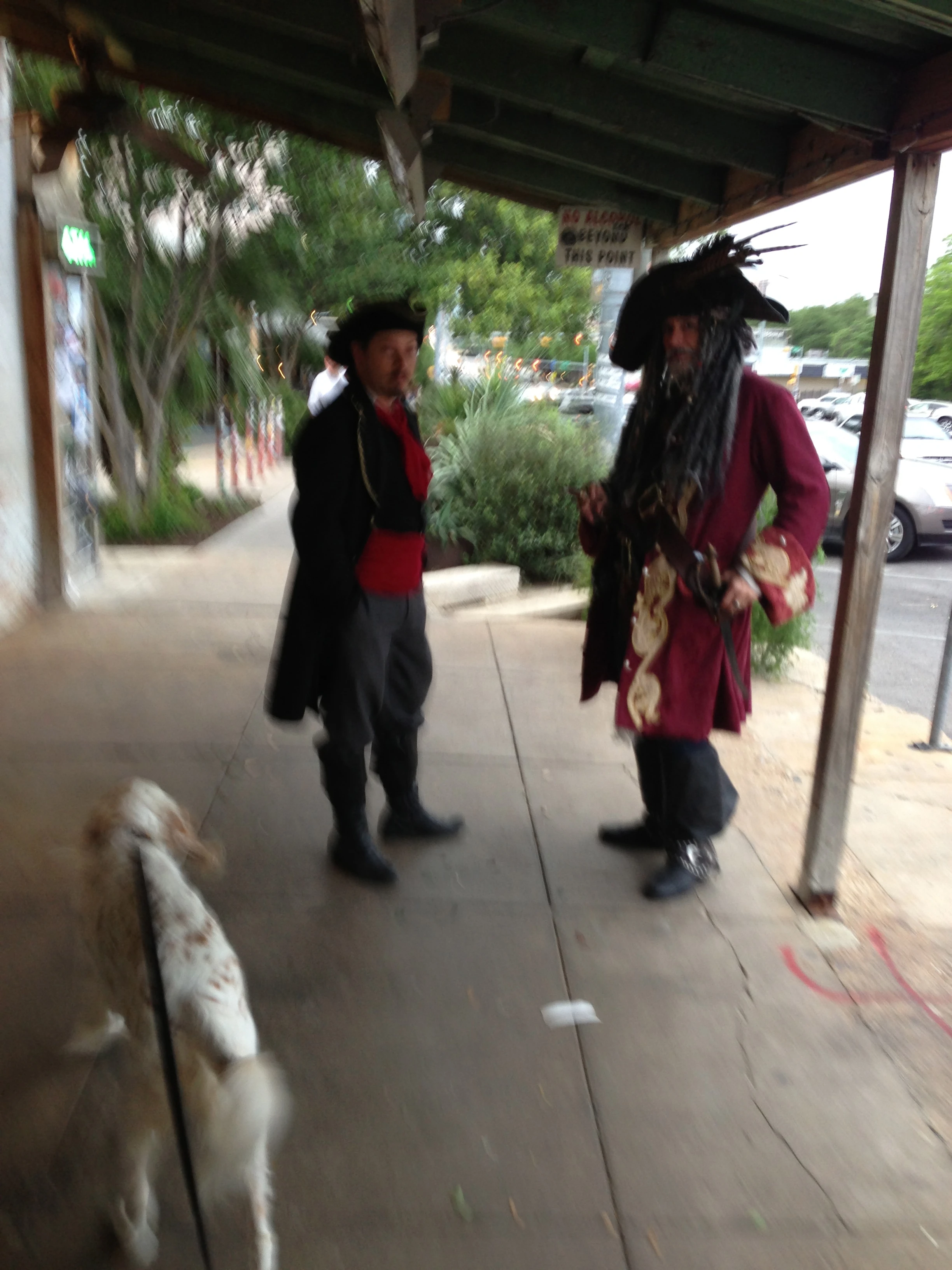 Bromont walking by some pirates on South Congress.