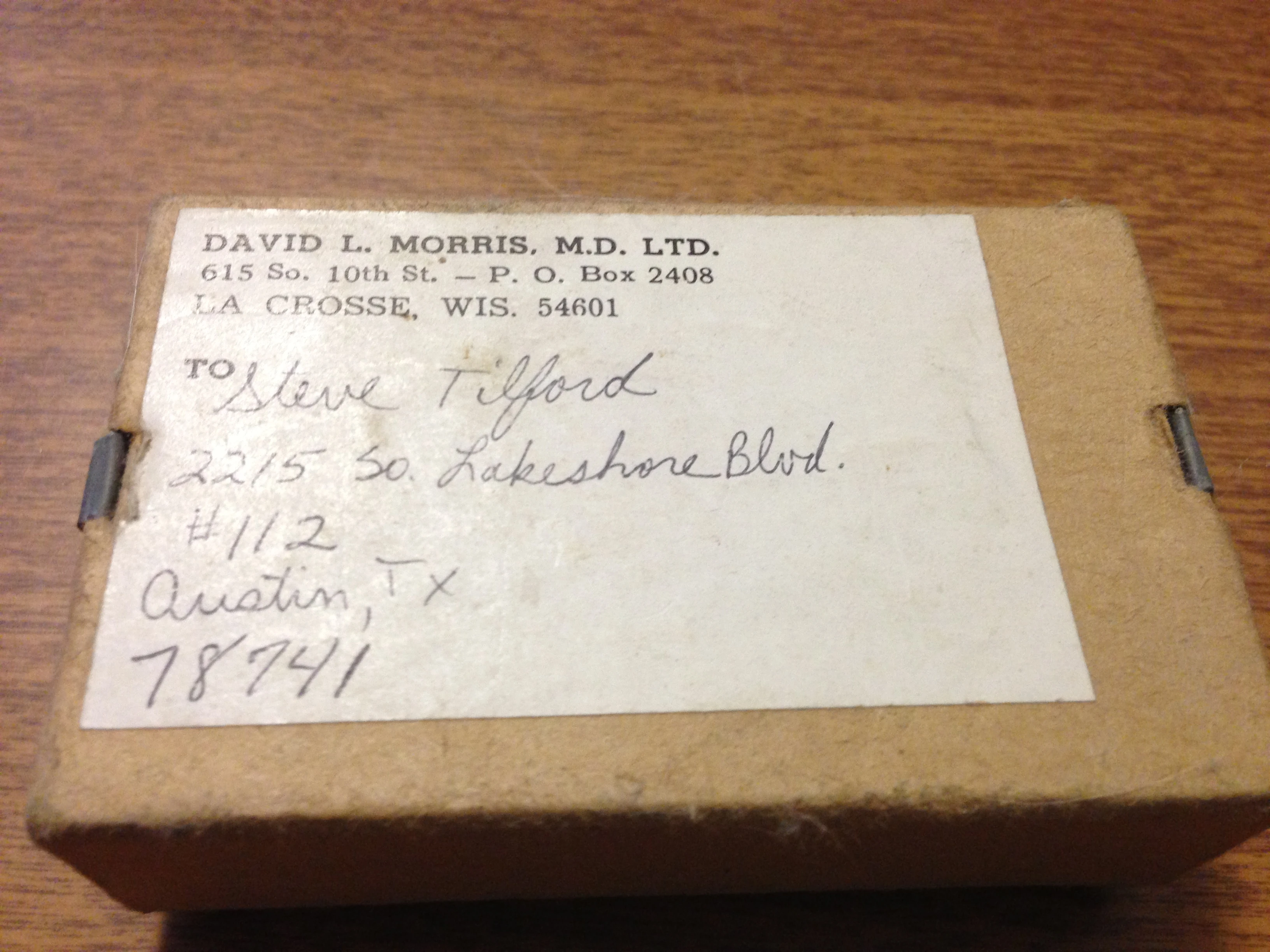 Seems sort of strange that I found this box on a book shelf, just yesterday. It is from Dr. Morris, sending me allergy medicine down to Austin. 