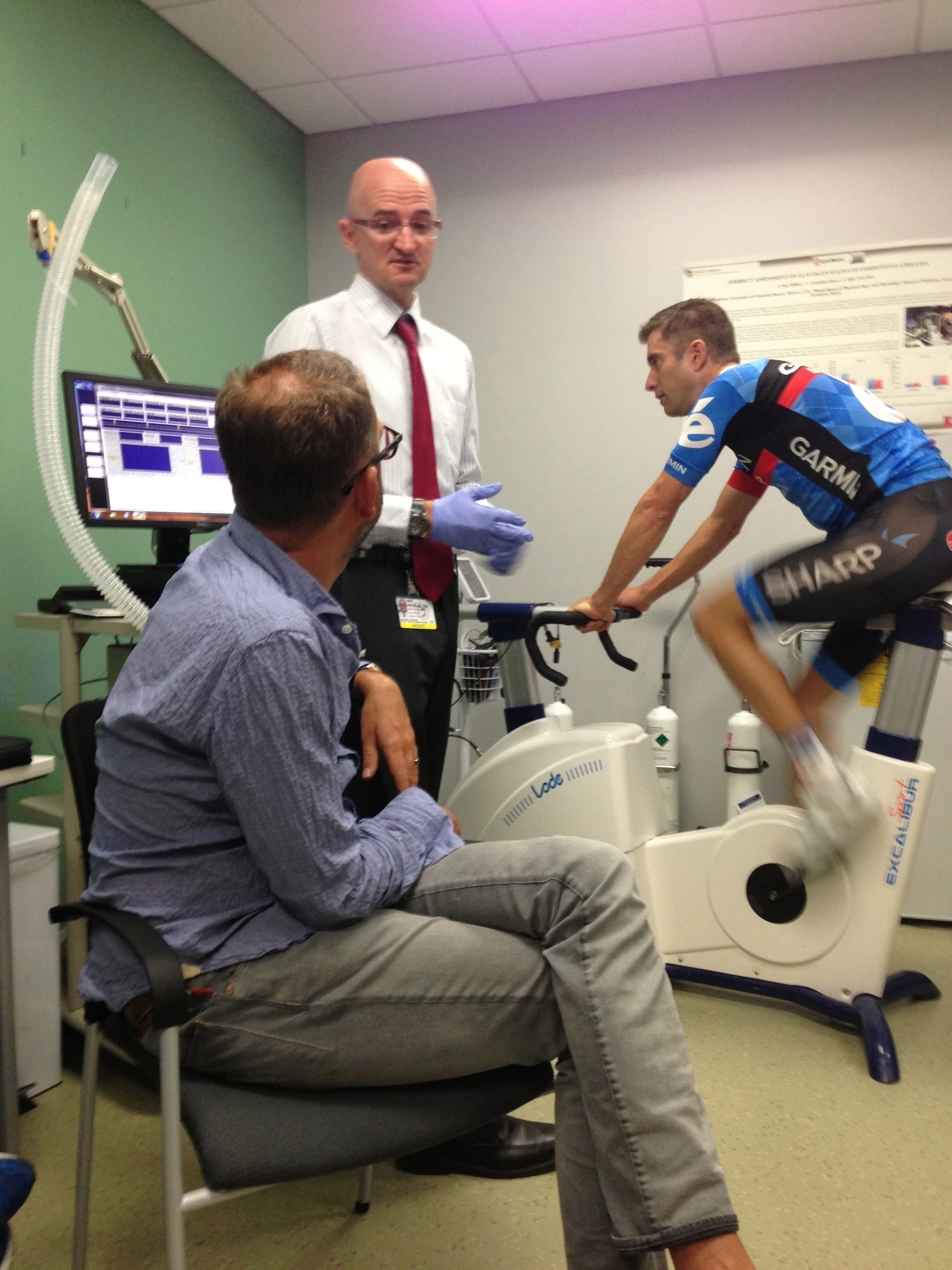 Start of the testing yesterday. Christian on the ergomenter, Jonathan in the chair and Dr. Iñigo San Millán, standing, doing the testing.