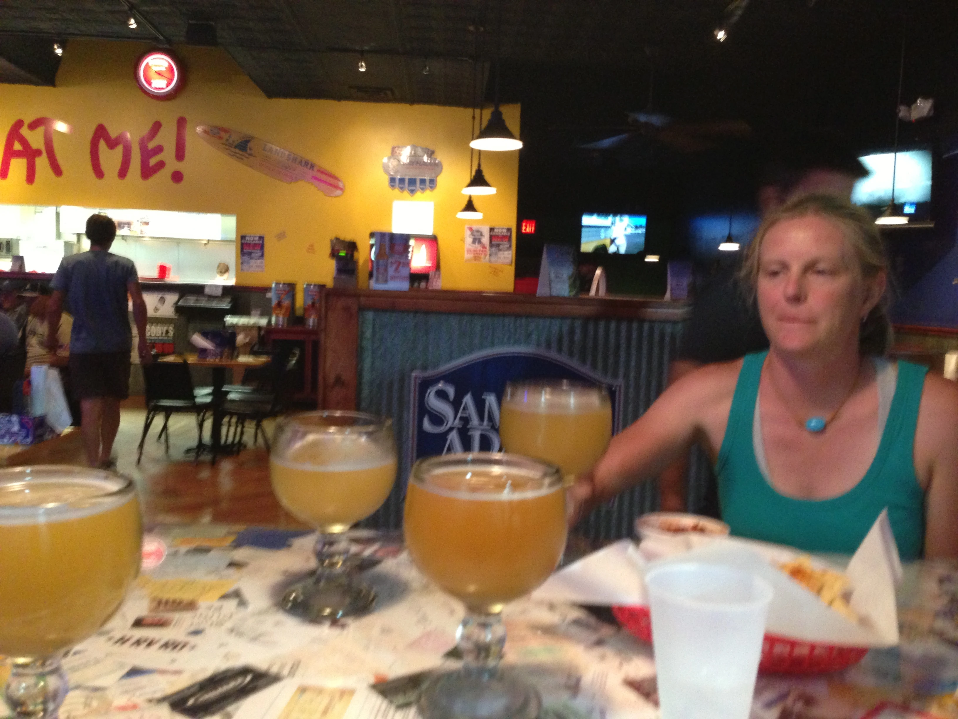 Michelle, Brian wife, at dinner, with schooners of beer. Man, did those taste great.