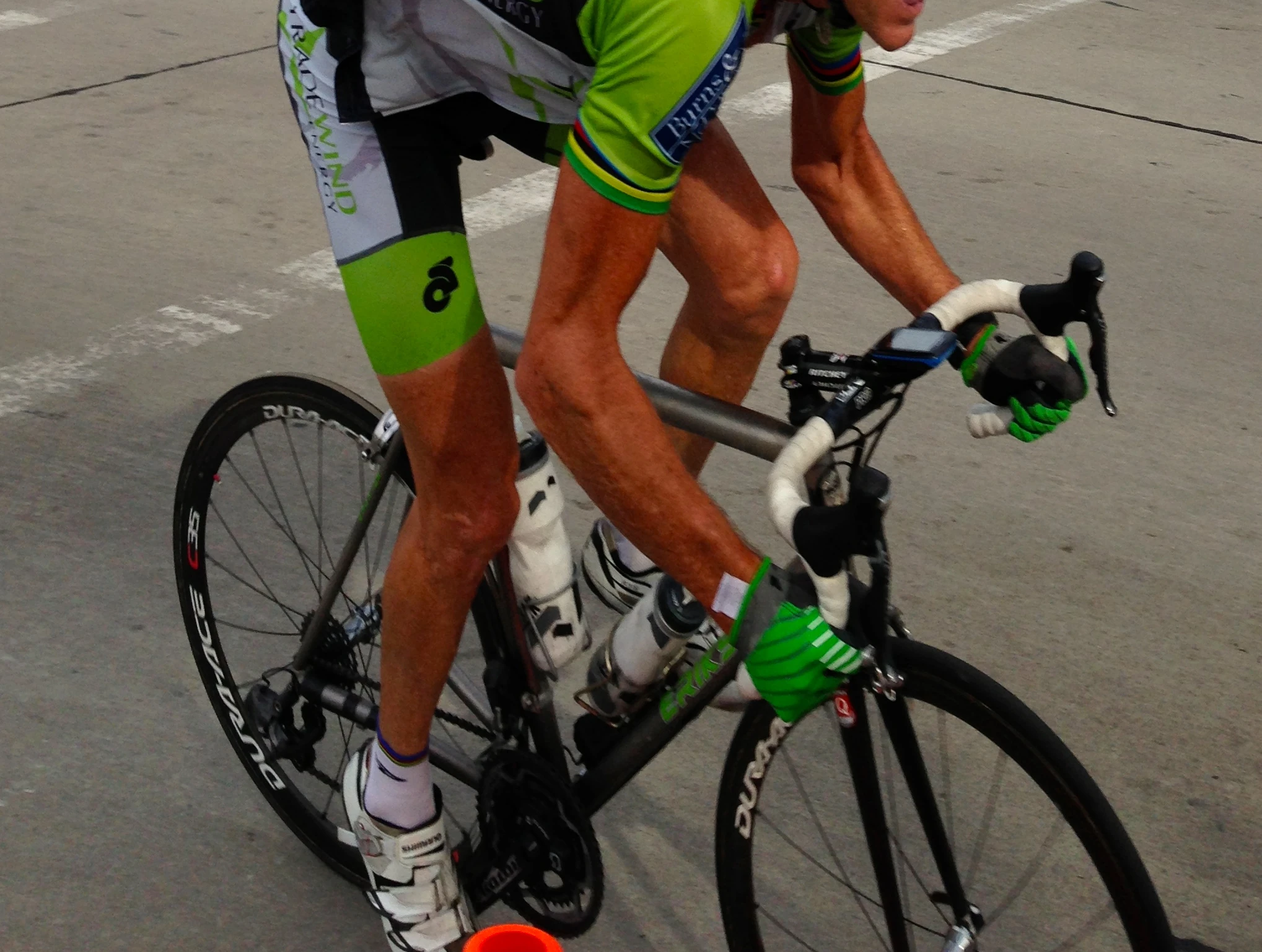 Trudi took this photo in the final sprint. Thought it was interesting how close I was to the cone, which was marking the curb.
