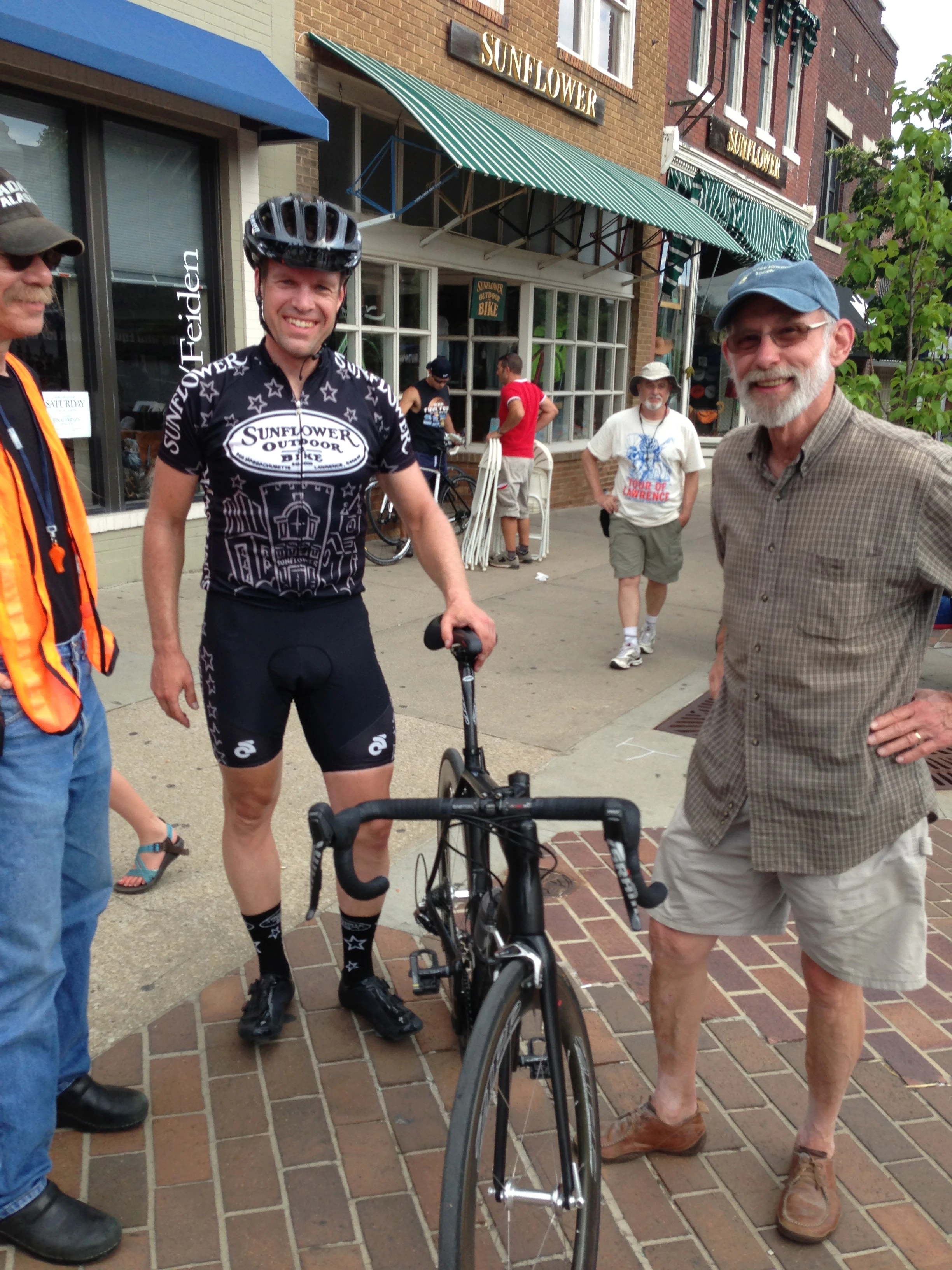 Dan Hughes, owner of Sunflower BIke Shop trying he luck on skinny tires. He won the Dirty Kanza a few weeks ago and now is racing crits. Pretty cool.