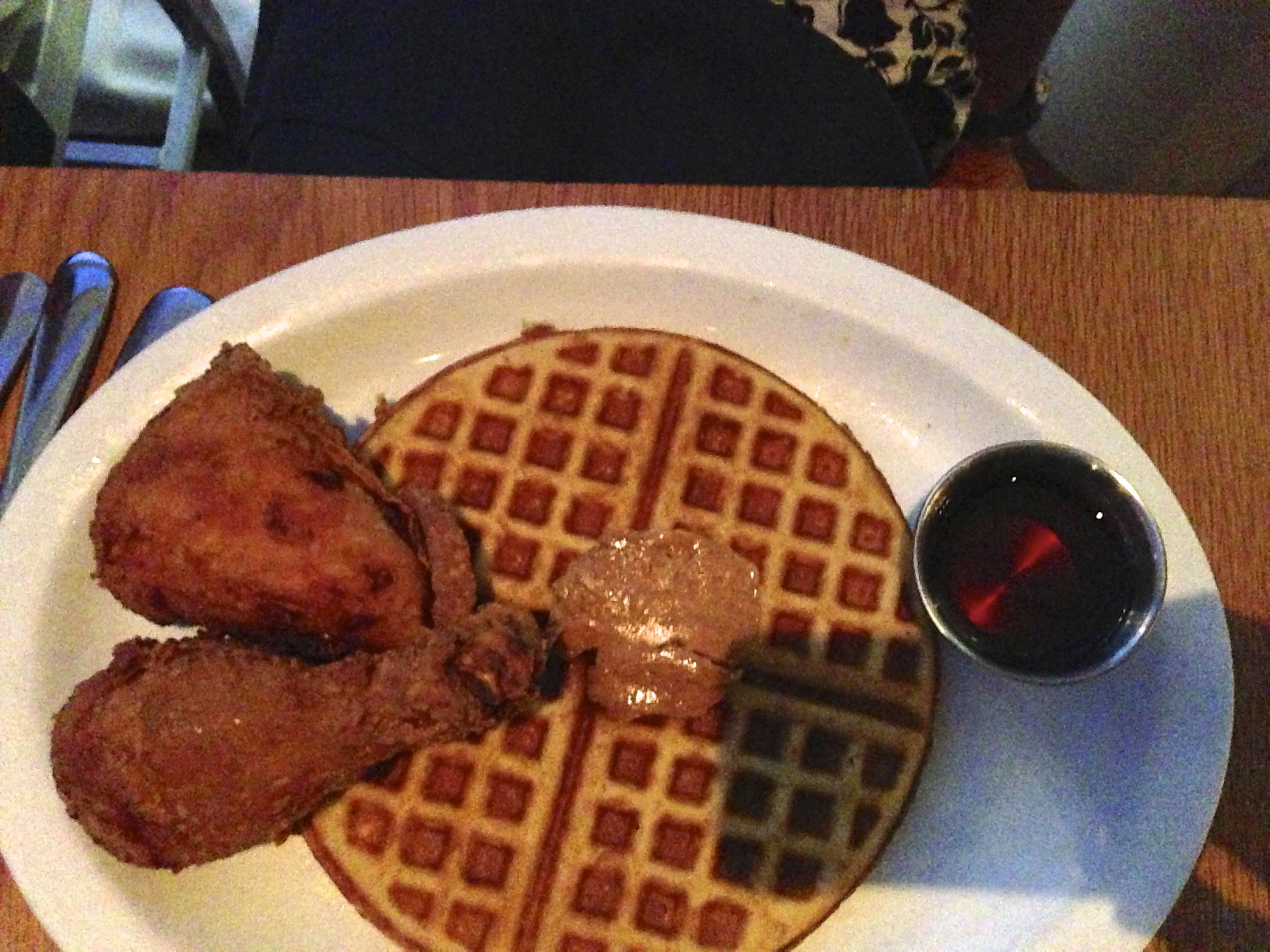 Trudi got fried chicken on a waffle.