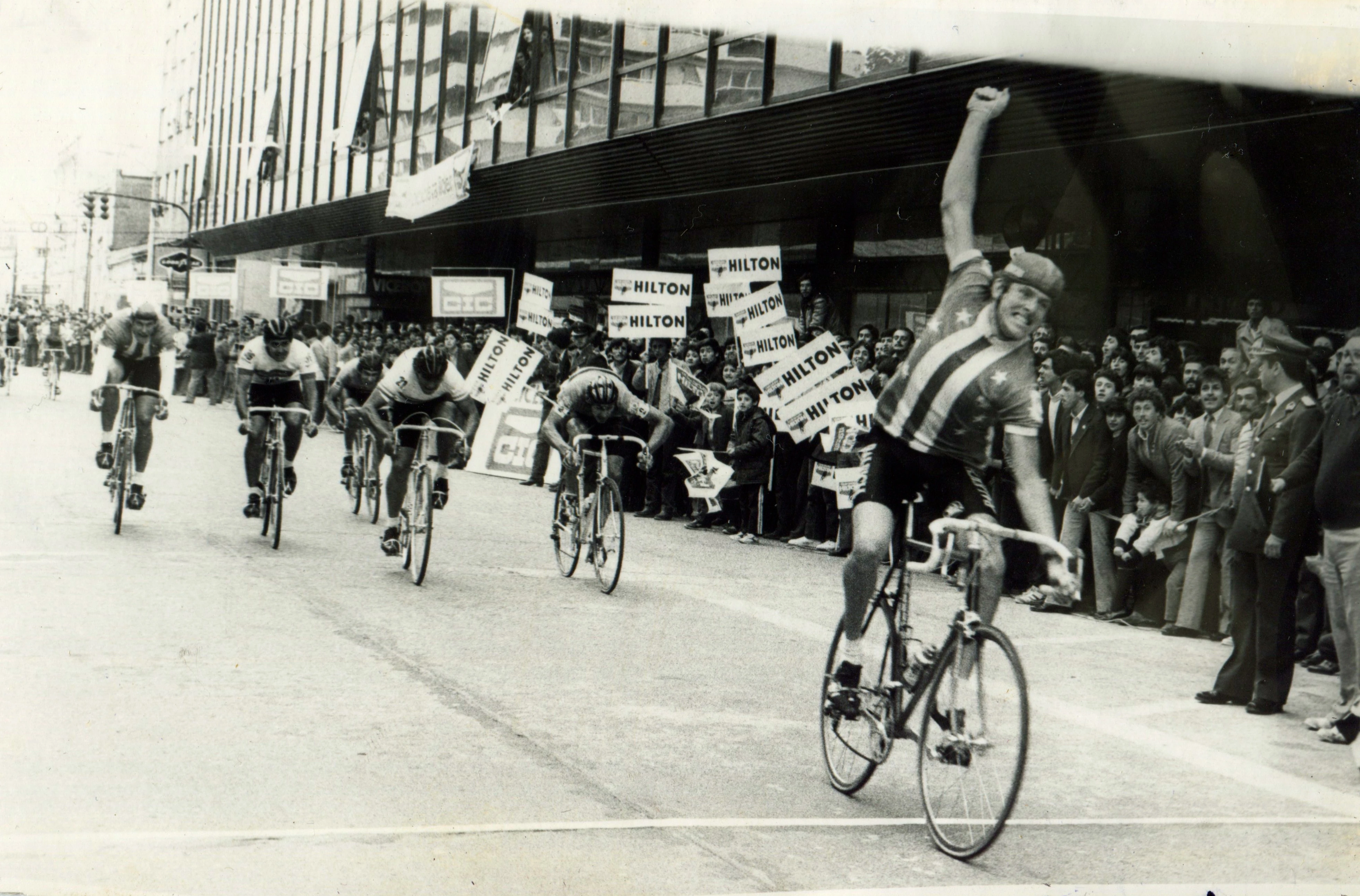 I first met Carlos Bomans at the Tour of Chili back in the 80&rsquo;s. He is a super friendly guy. When I started racing more in Europe and hanging in Belgium, Carlos was riding for Mapei and used to help me out during the races, mainly by telling me when the cobbles were coming up. Here I&rsquo;m winning a stage and Carlos is the guy in the Belgian jersey finishing 2nd.