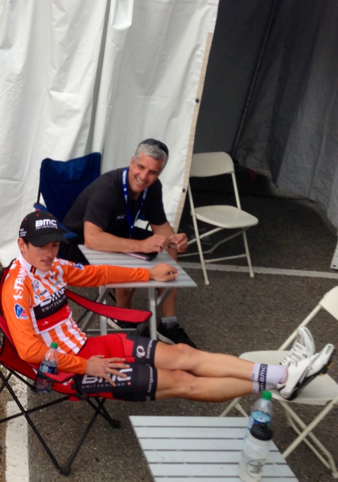 This is Eric Heiden, one of the team doctors from BMC, waiting at drug control with yesterday&rsquo;s stage winner, Mathias Frank.