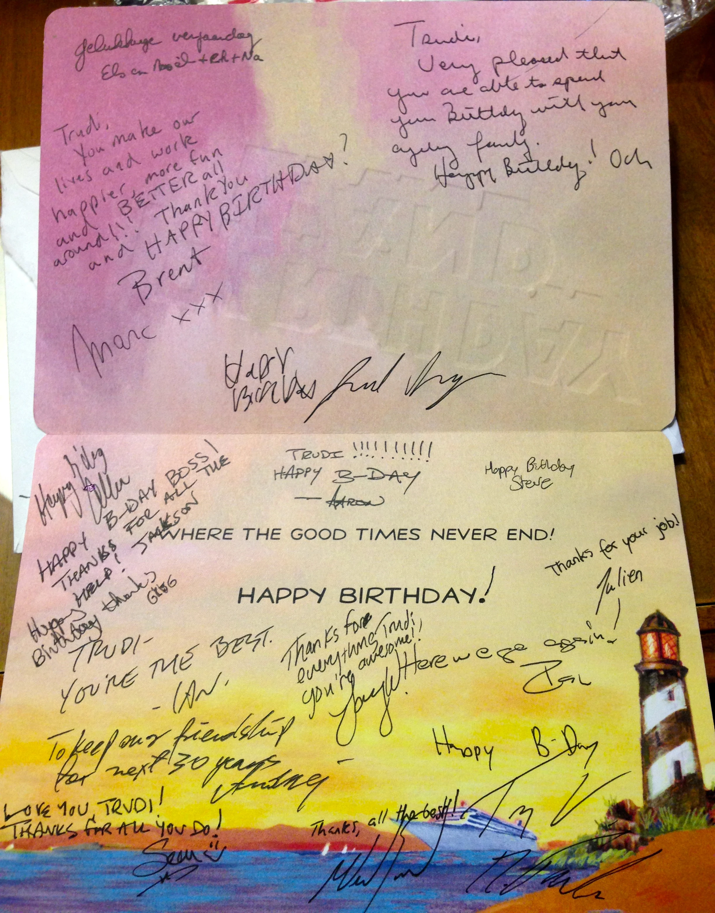 Trudi got a great birthday card from her team. Click twice to enlarge.