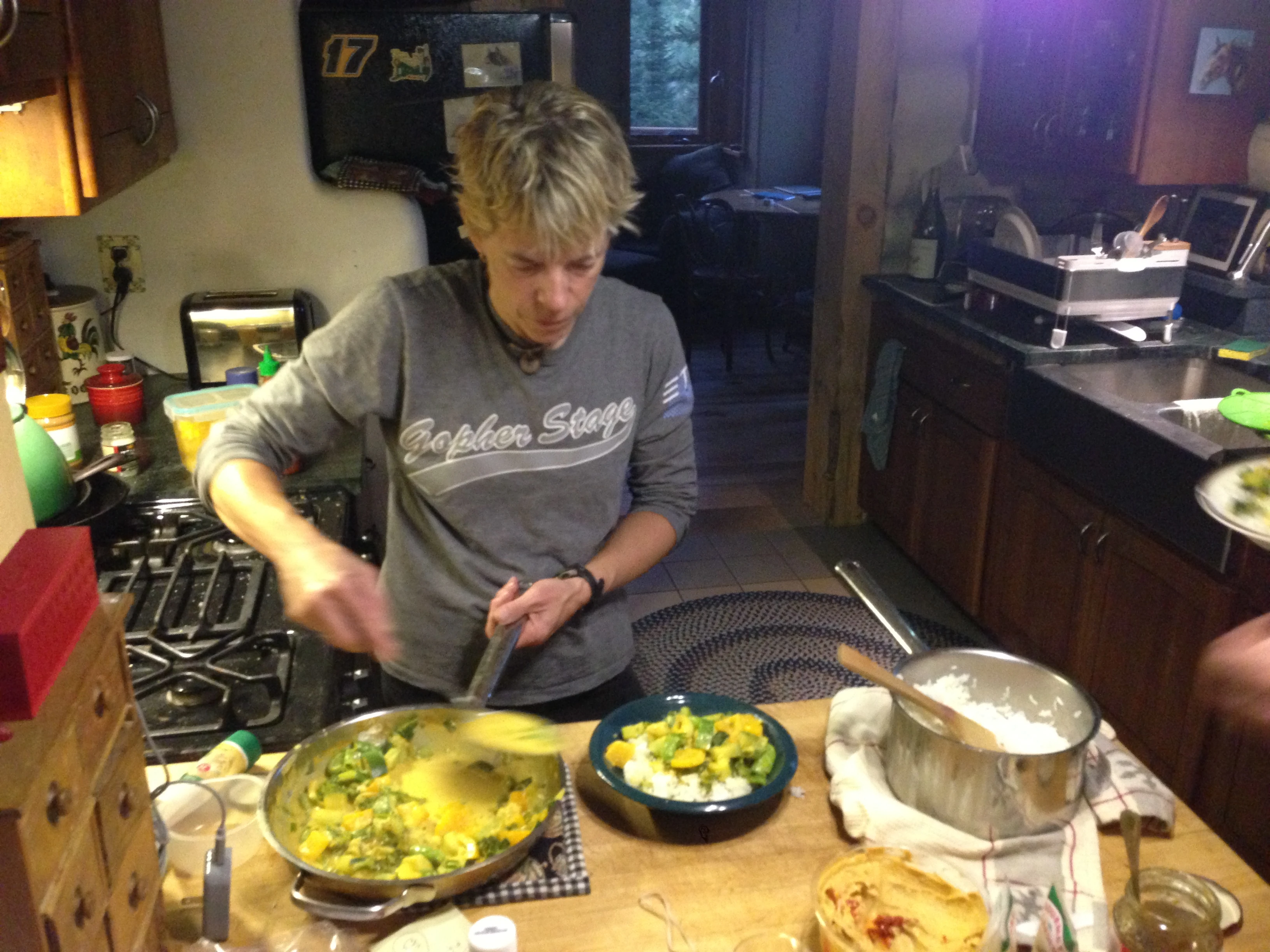 Katie made an unbelievable dinner. Dessert was ice cream with fresh peaches and homemade chocolate sauce. It was yummy.