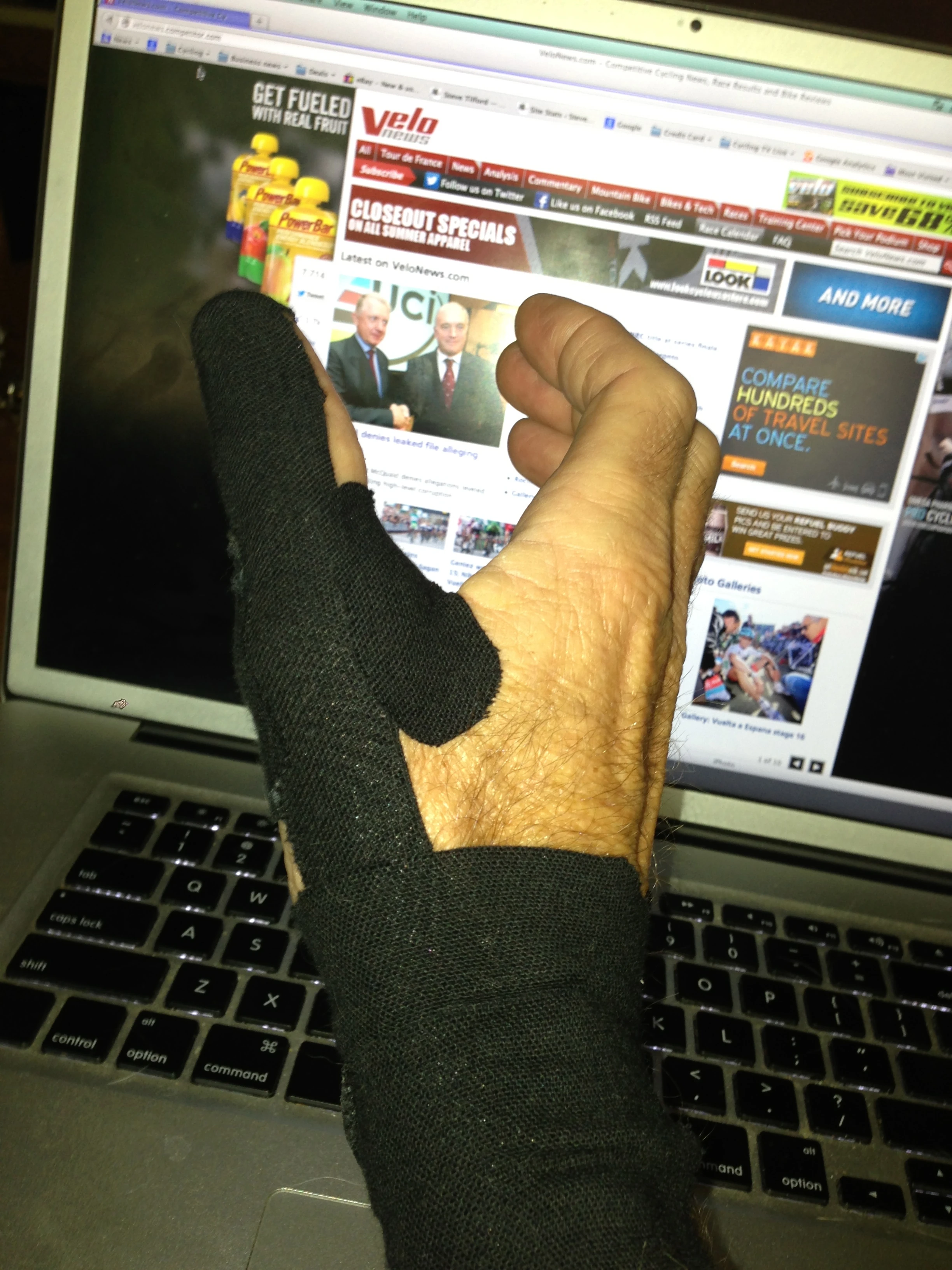 Burt, my physical therapist, taped up my thumb some for support. The tape made it through the ride, but then came off. It was a valiant effort though. Kind of looks like I’m trying to grab Hein and Pat here.