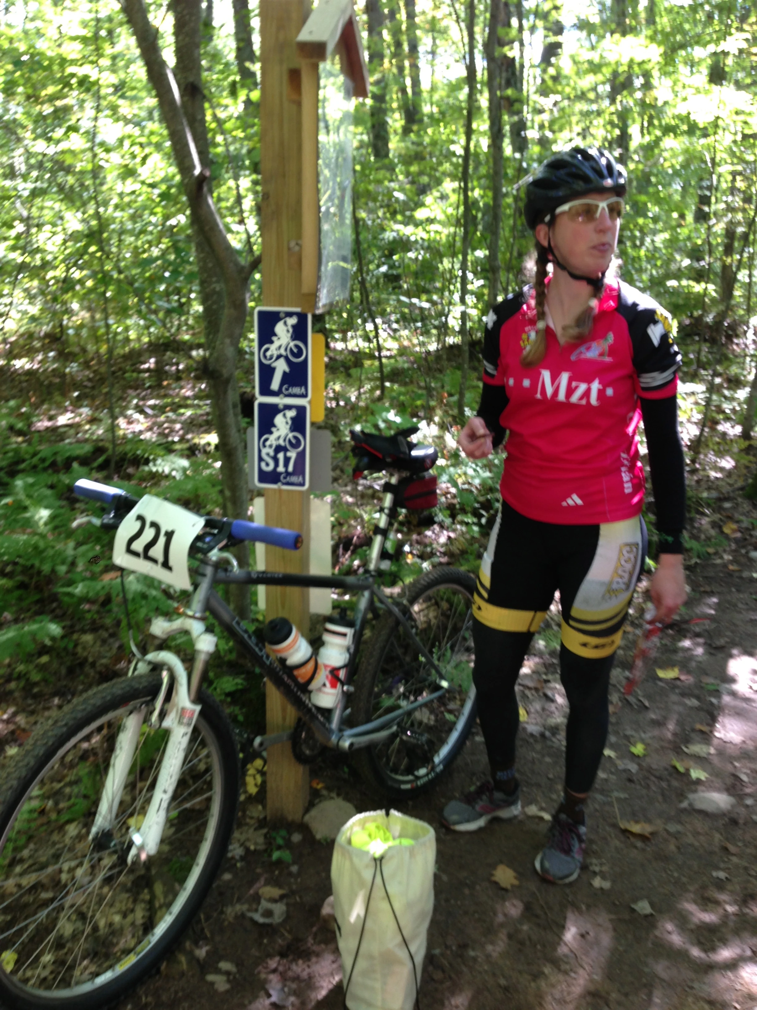 Bill and I met up with this woman out in the wood&rsquo;s. She was eating beef jerkey and looking at a trail map. She had about 50 psi in her tires and was riding nylon toe straps. And using a shoe bag for a gear bag. But she was having a blast. This was her first foray into MTB racing. 100km of singletrack, go figure.