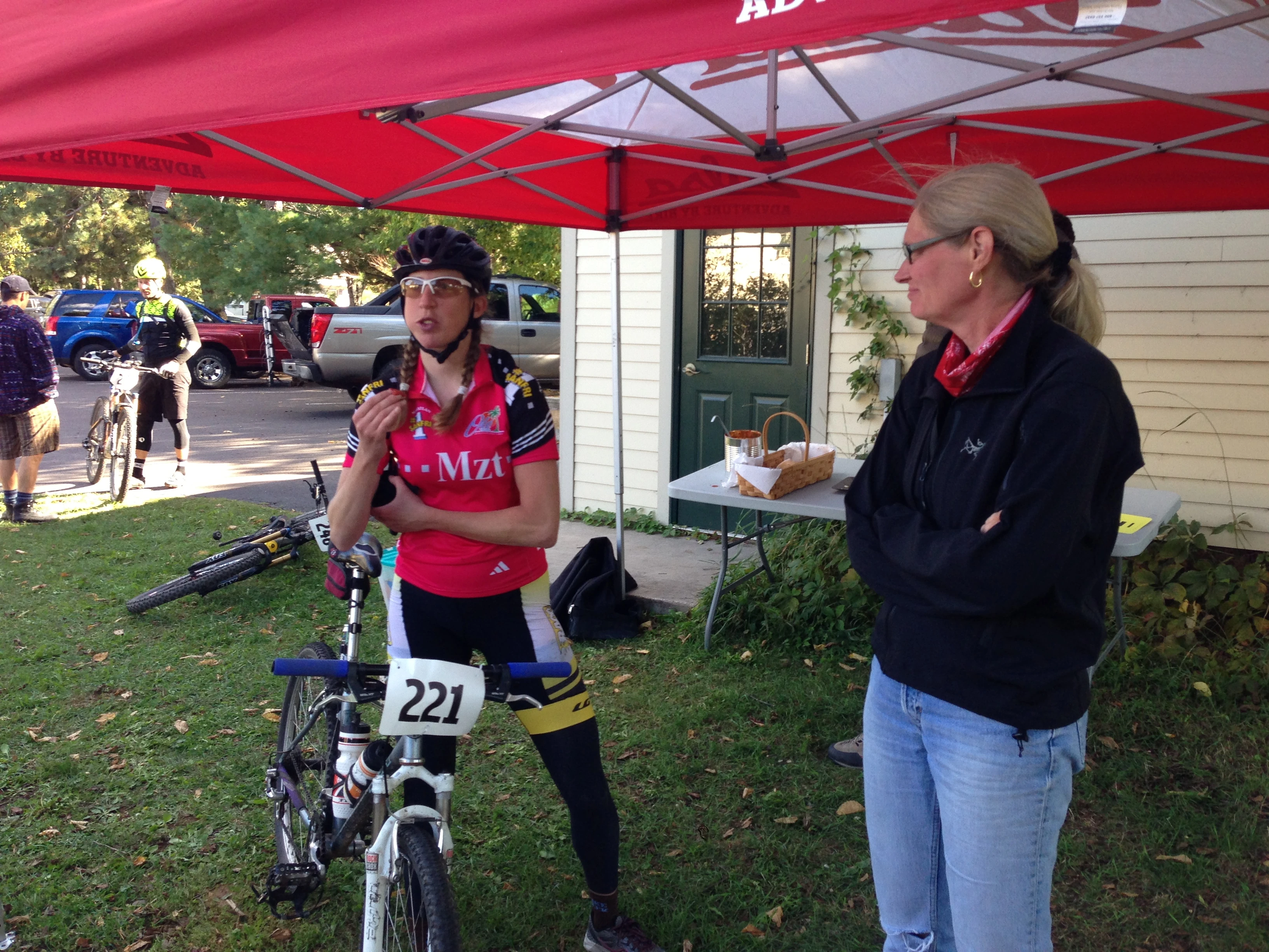 And here she is at the finish. She had taken a couple alternative routes, but rode 8 hours. She said her hands were pretty sore. Not much into complaining.