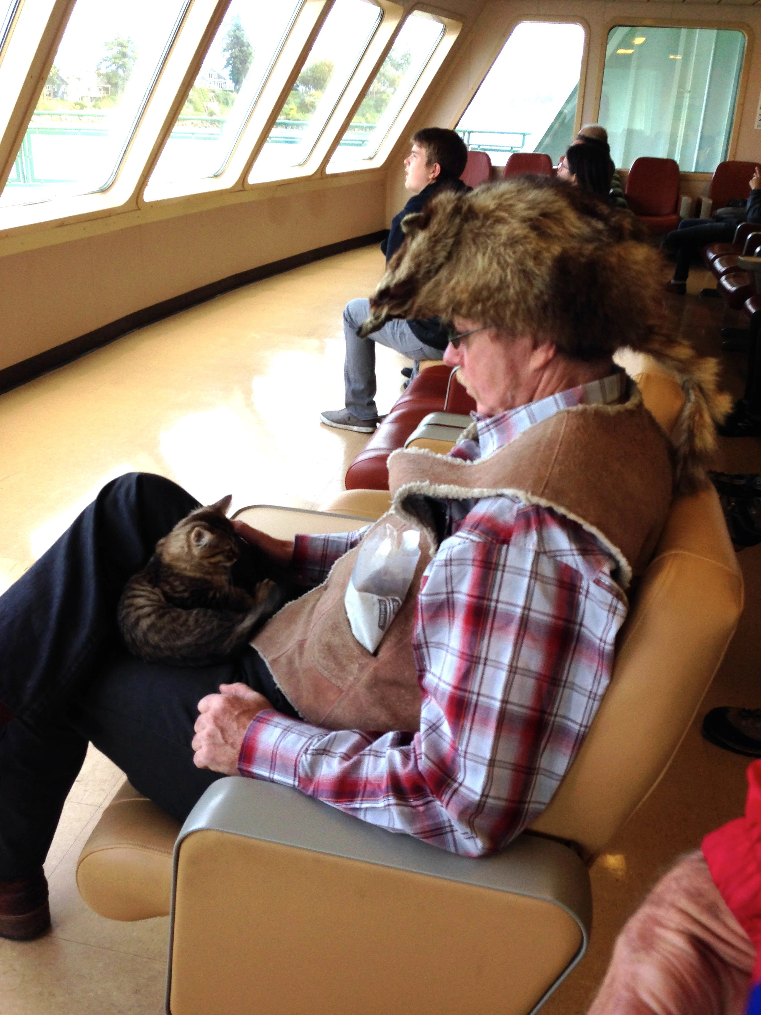 He sat down and the cat climbed off his shoulder and curled up in his lap. 