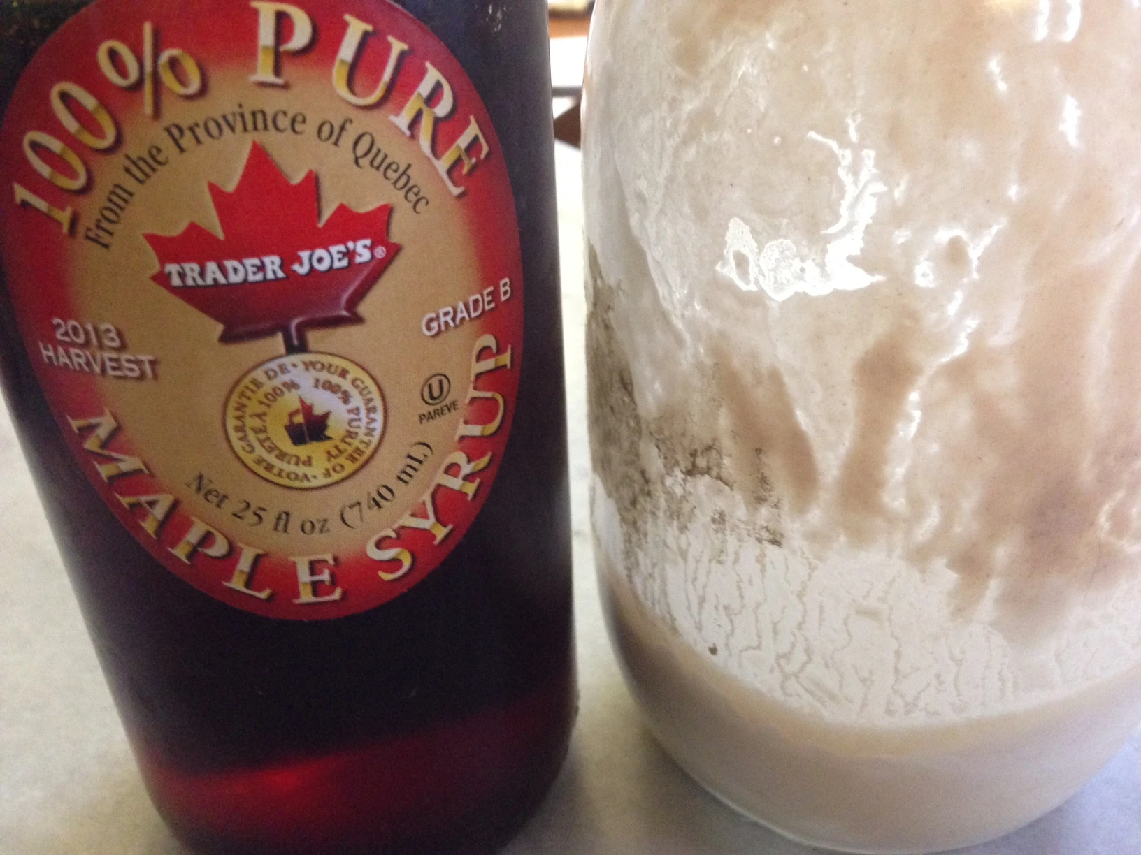 My sourdough starter. I know it looks a little rancid, but it isn&rsquo;t. I only use real maple syrup. I like Grade B better than A, it has more flavor.