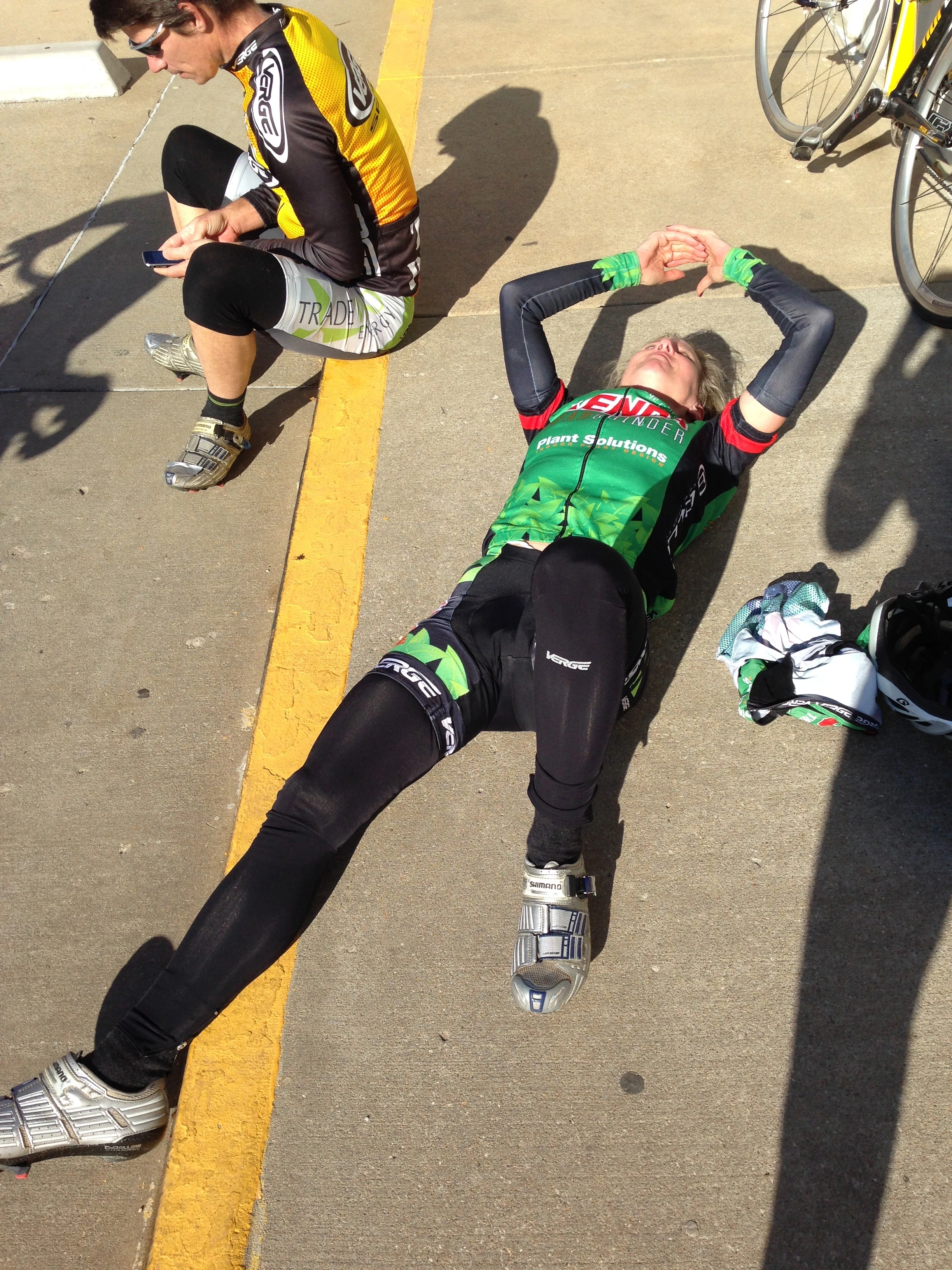Catherine taking a little break 30 miles into the ride.