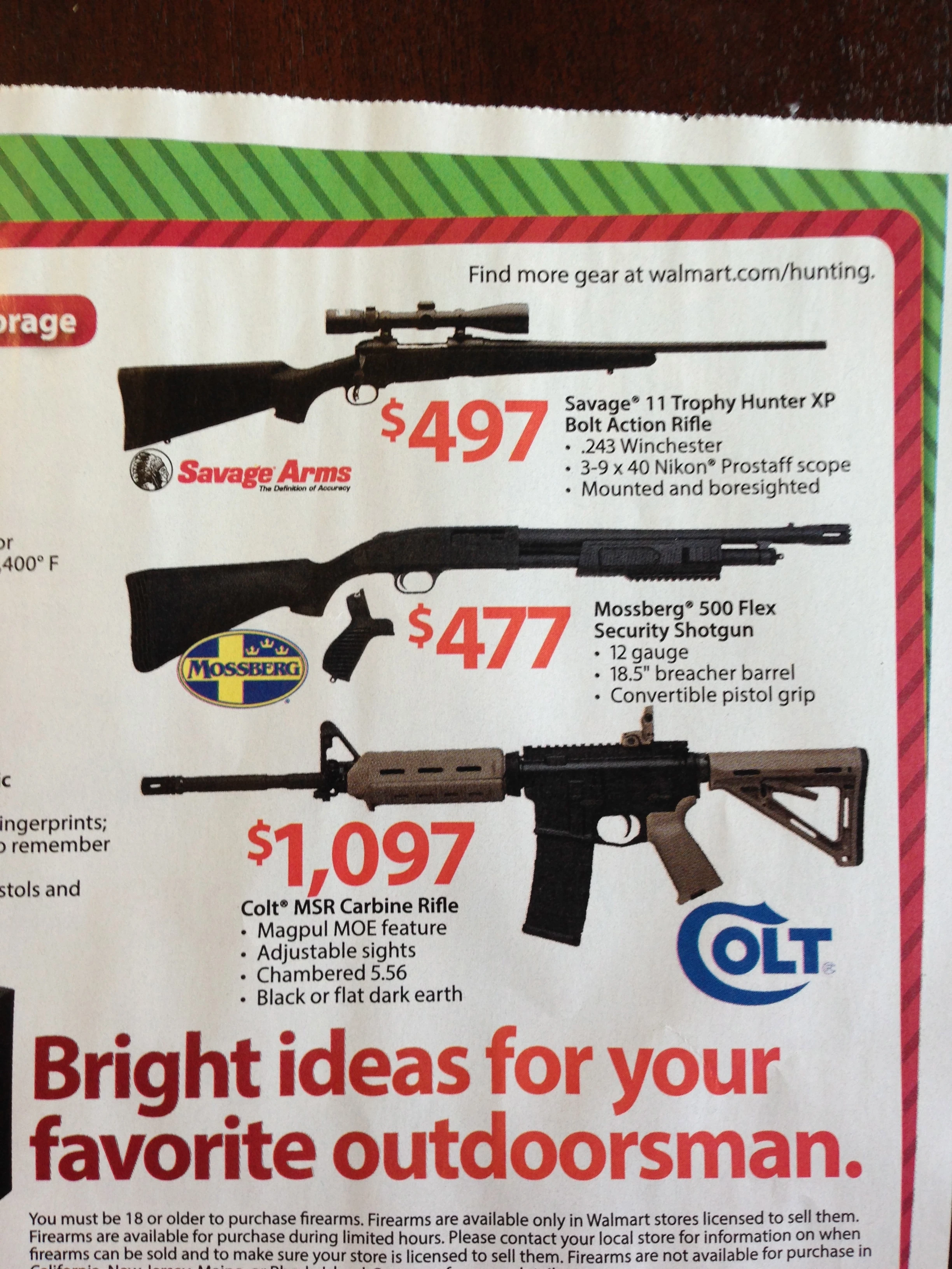 How about Black Friday sales at Walmart? An AR-15. &ldquo;For your favorite outdoorsman&rdquo;? I don&rsquo;t think many people think of this gun as one for hunting. It is pretty much an assault rifle. 