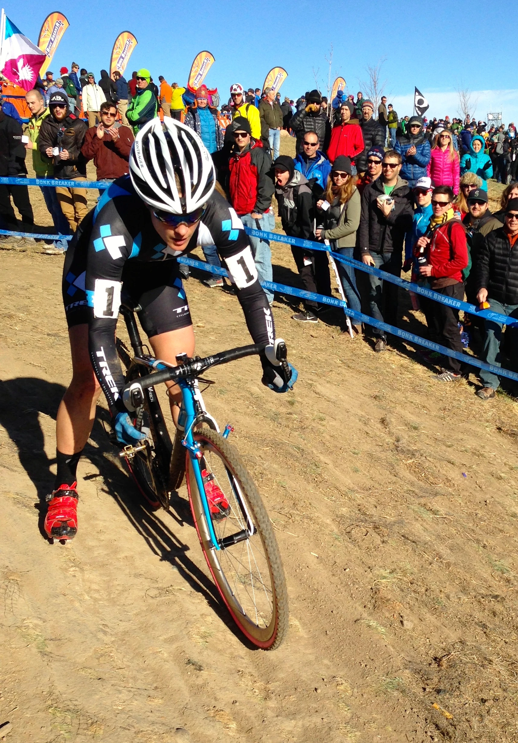 Katie Compton negotiating the off camber technical section.