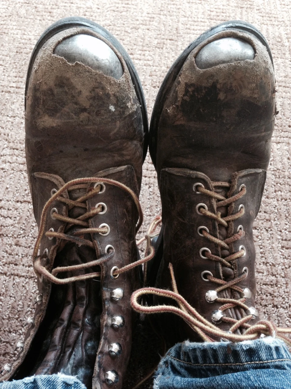 These are my favorite work boots. The are Redwing, obviously steel toed. I shouldn&rsquo;t use them for tiling or cement work, but I always do. I should know the model number, off the top of my head, but I don&rsquo;t. They come in different widths and last forever. The laces never wear out.