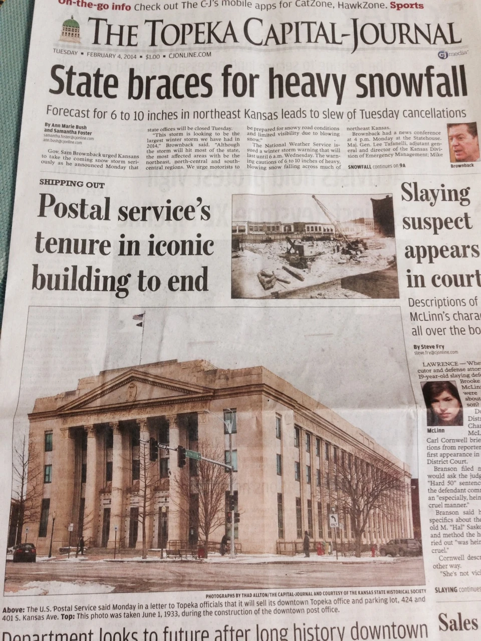 Predicted snowfall and main post office closing announced on the same day. 