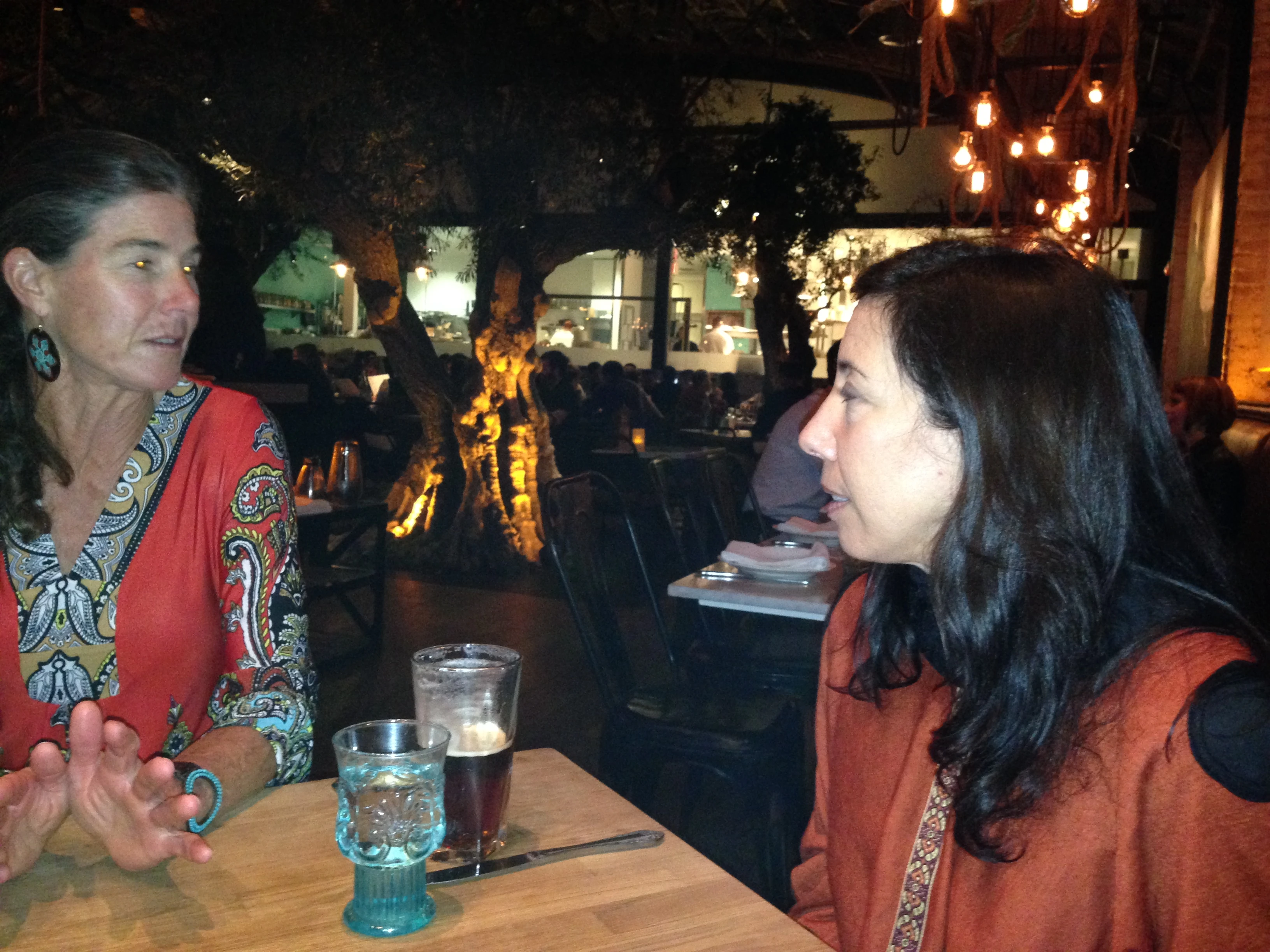 Sue and Ann at dinner last night. Notice the olive tree inside the restaurant behind them.