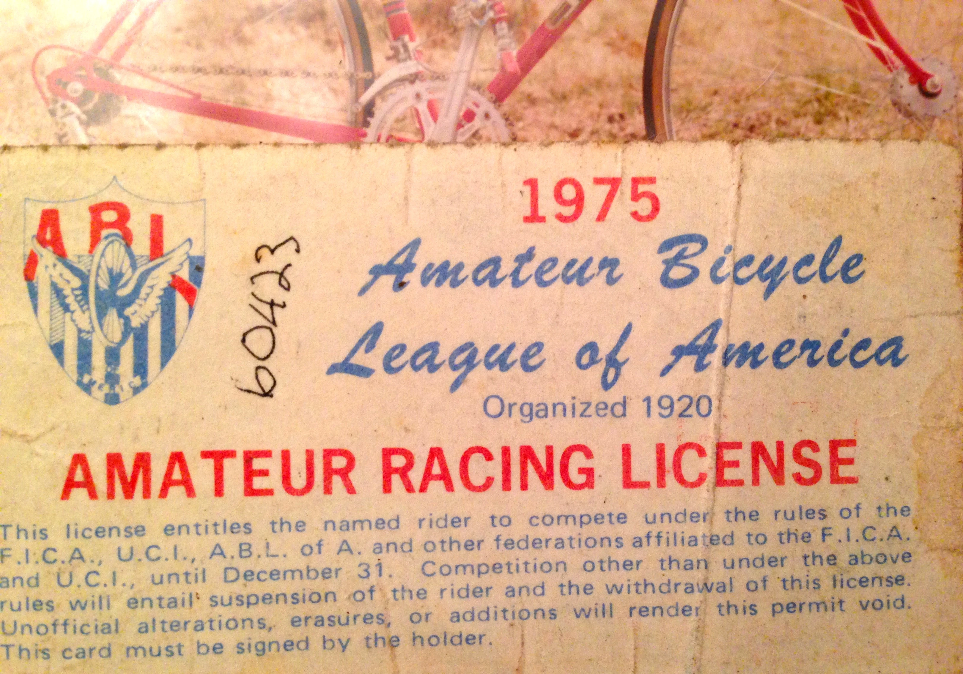 My first racing license for the ABLA. My license number was 05035. I wonder if I can get that back from the USAC?