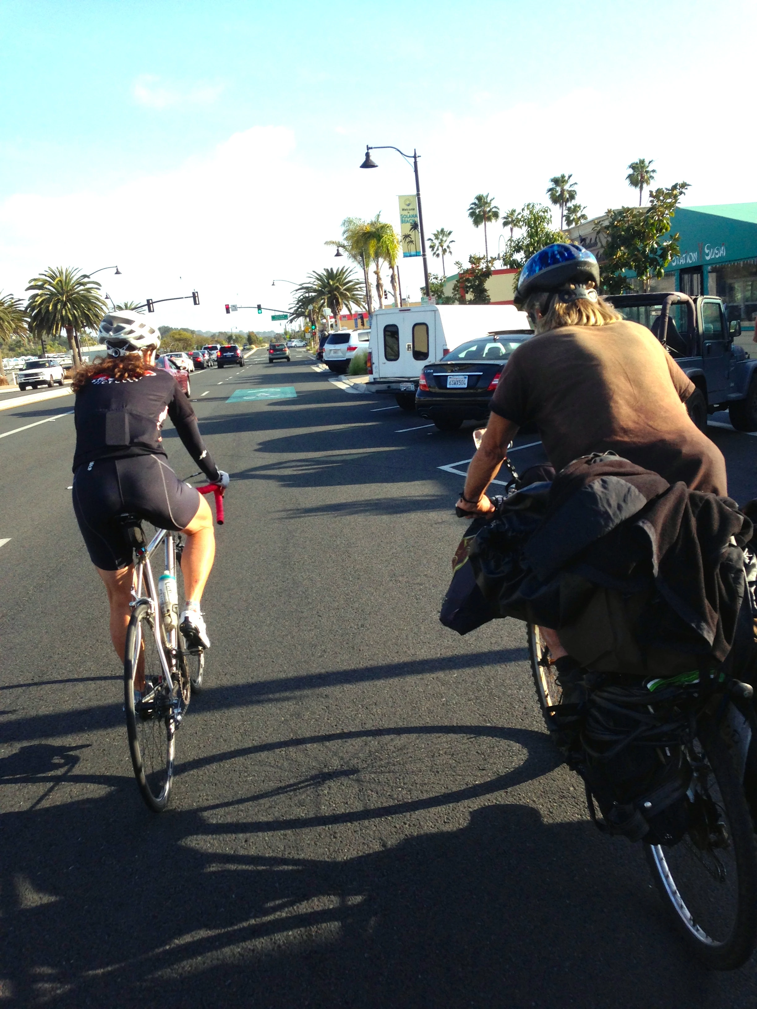 Sue passing the tourist in Solana Beach.
