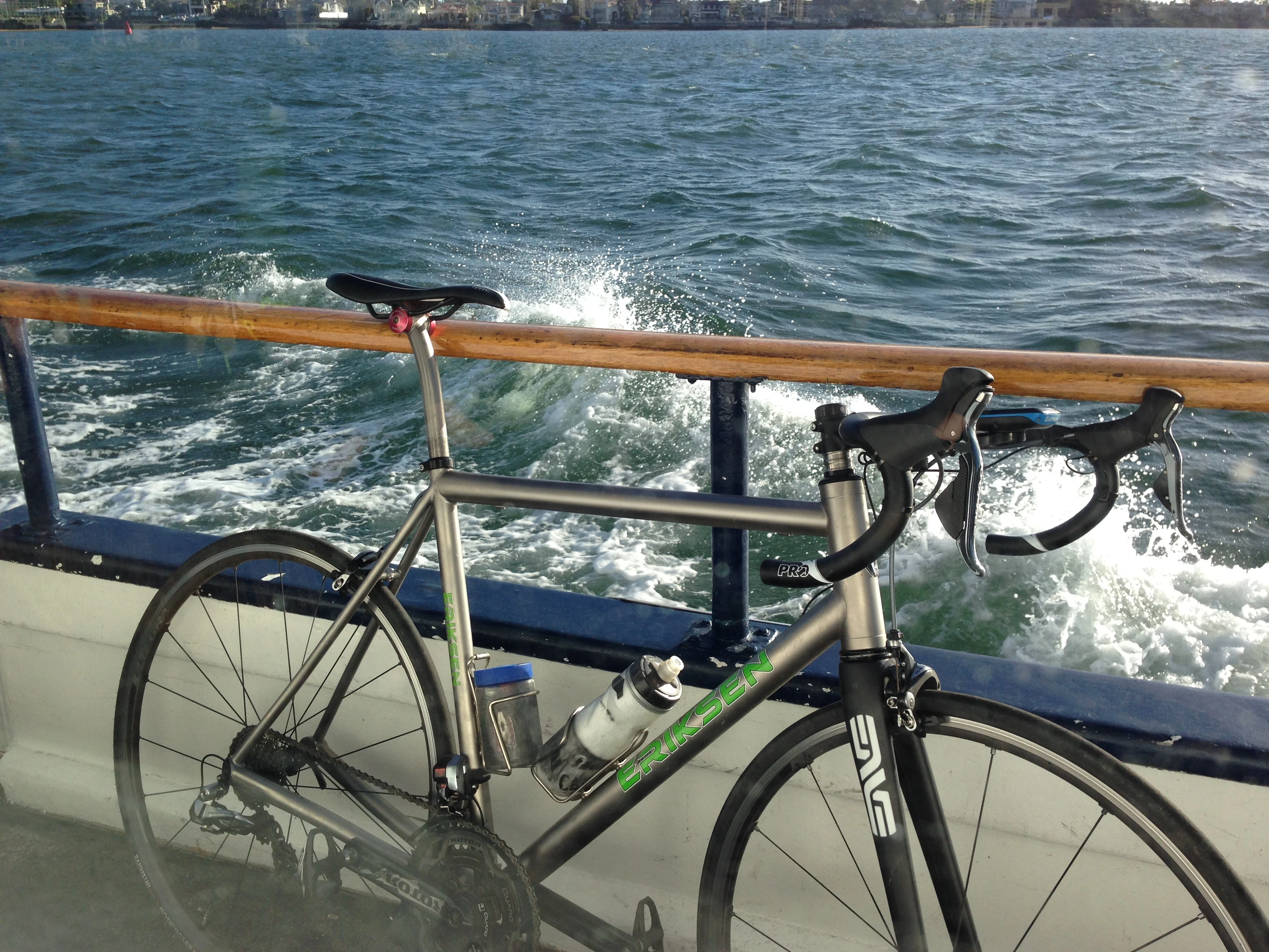 My bike on the ferry back to San Diego. Still no bar tape. I don&rsquo;t have the levers positioned right, or the sprint shifters either.