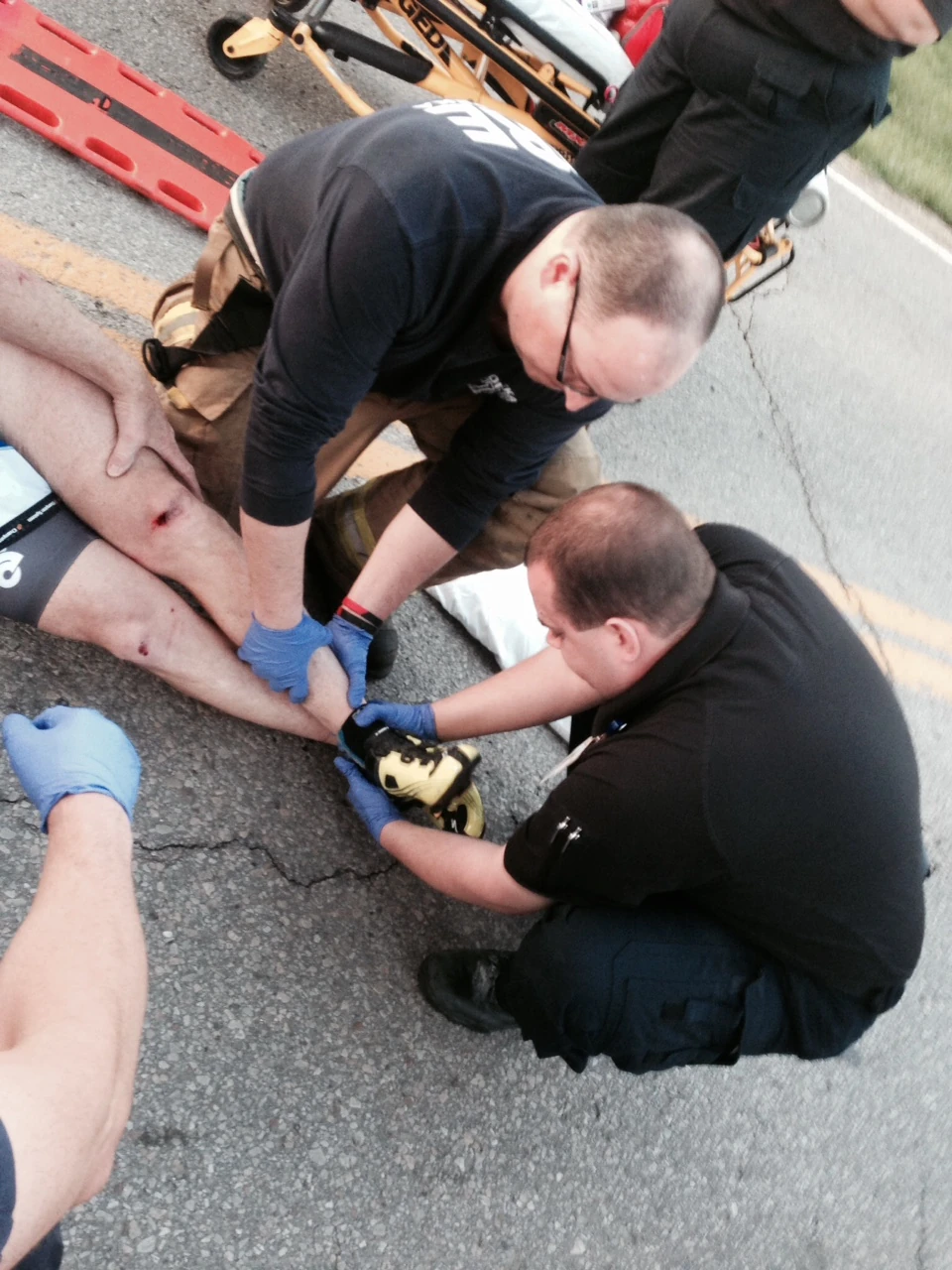 The paramedics were having the hardest time with his shoes.