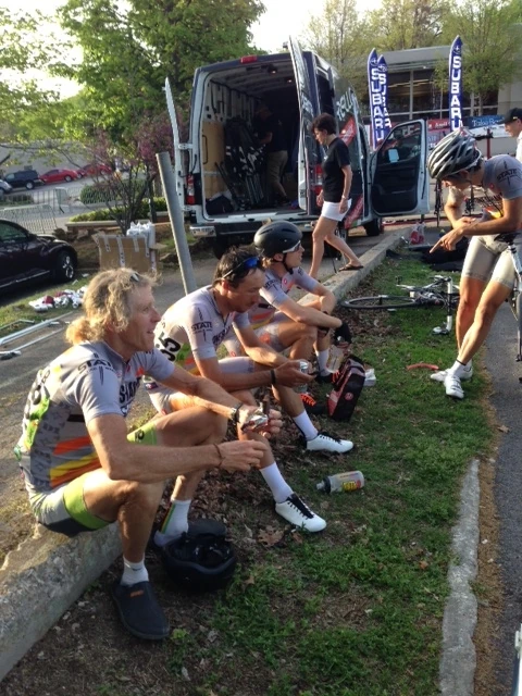 Having a beer after the finish with the rest of the Boneshaker Team.