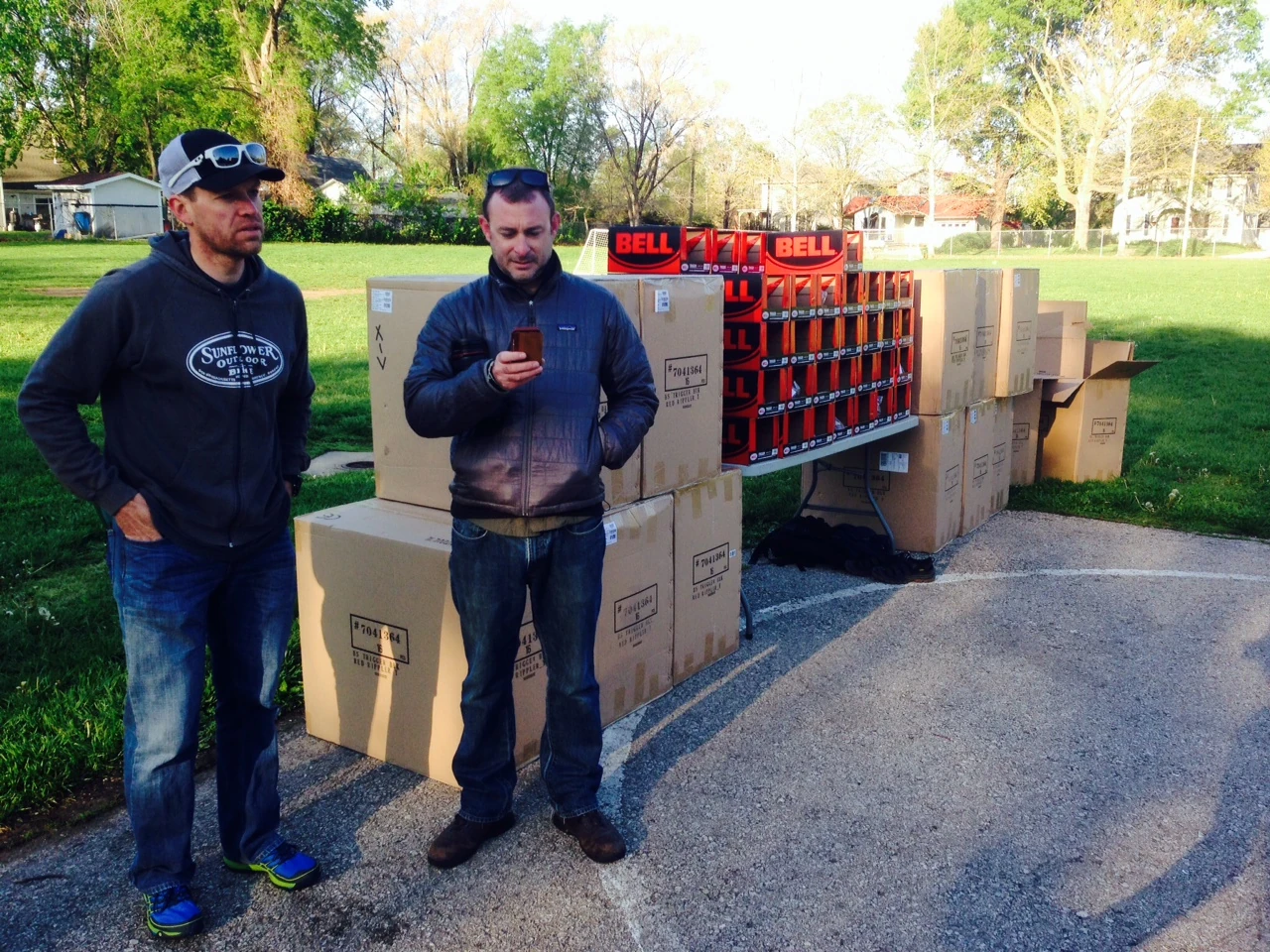 Dan Hughes, left, waiting for the onslaught of the helmet fittings.