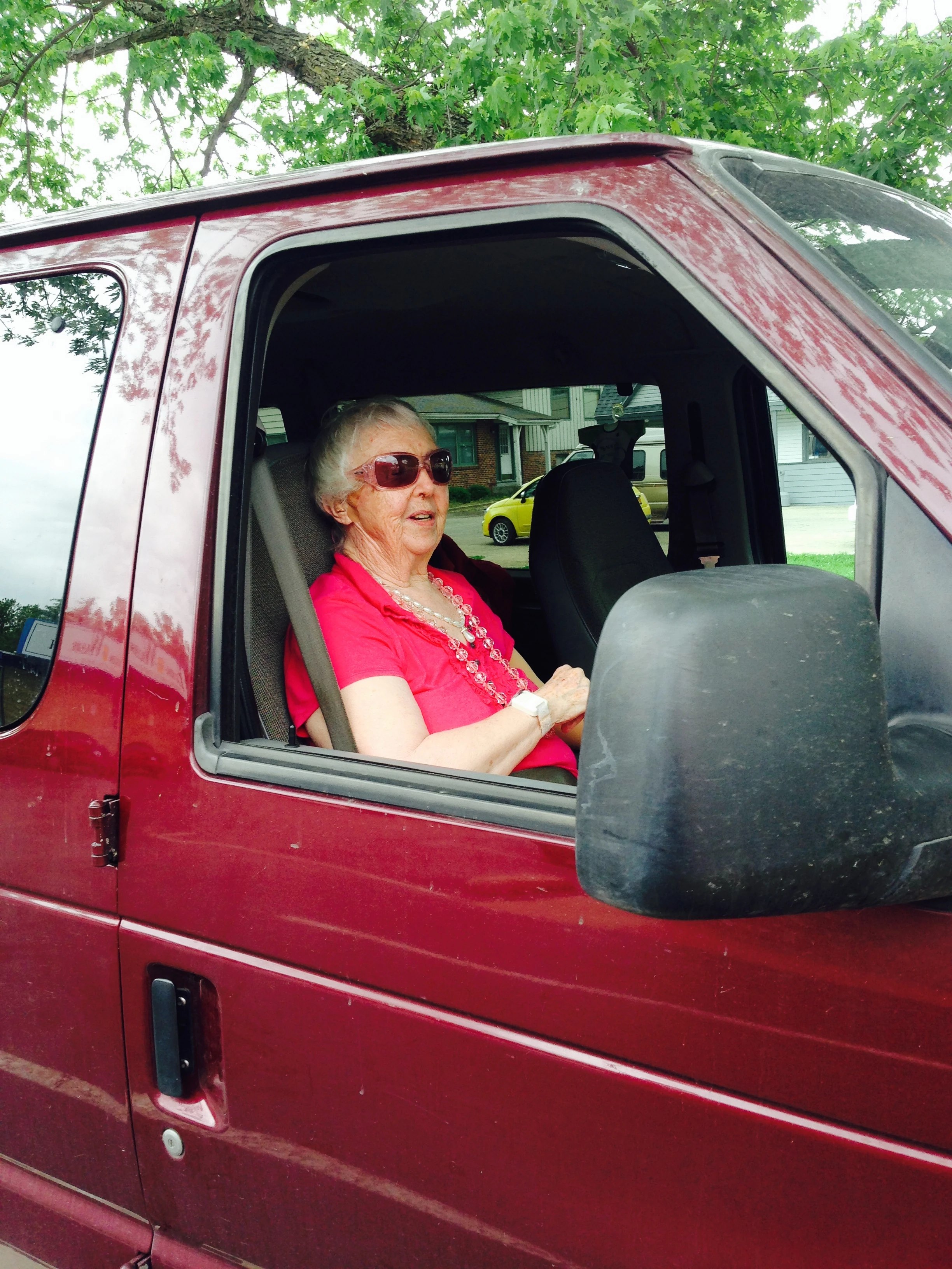 Catherine&rsquo;s mom, Berta, in my van.