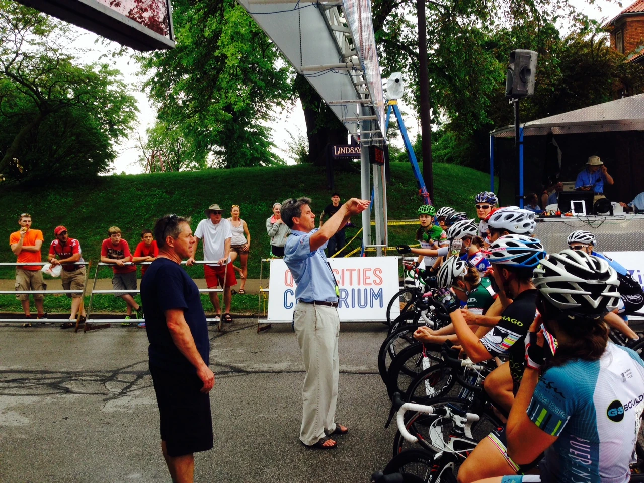 Brett and Tom Schuler, race promoter, trying to figure out the restart of the women&rsquo;s race. They raced hardly anything too. The men ended up doing 30 minutes. 
