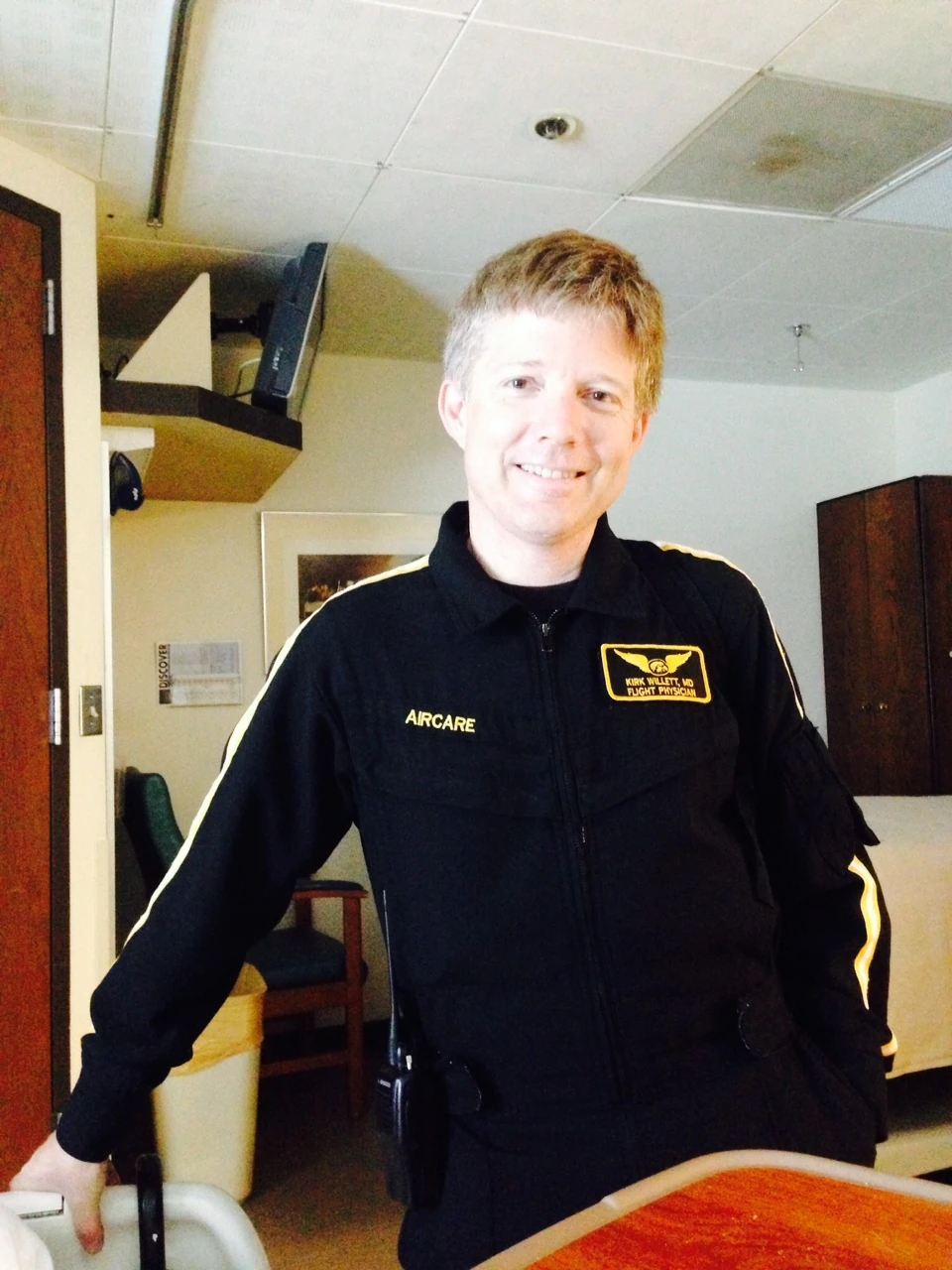 This is Kirk Willett. He came by and visited a couple times. He rode for Mercury and Prime Alliance 15 years ago, then took over the DS position at Toyota-Unite, before going to Medical School. He has 6 emergency room shifts left and then he is done with residency and is moving back to the state of Washington to practice. It was great having him come by. He&rsquo;s wearing a flight suit here. He was on call to go out on the Life Flight helicopter, so was prepared.