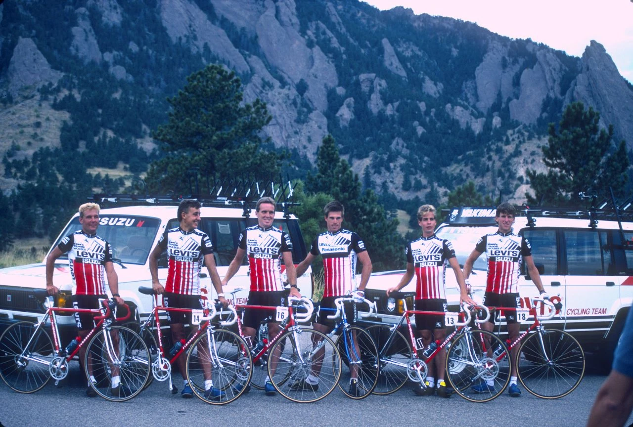 One of the slide scans, the Levis/ Isuzu team from the before the Coor&rsquo;s Classic. This is Greg Demgen, Roy Knickman, Thurlow Rogers, Phil Anderson, Andy Hampsten and me. I still have one of those Isuzu Troopers behind us.
