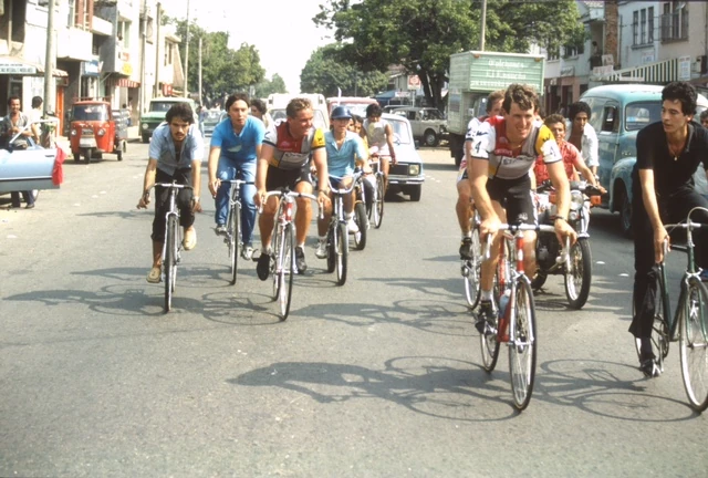 This is Greg and I riding back to a hotel. We usually had a bike group of fans riding with us.