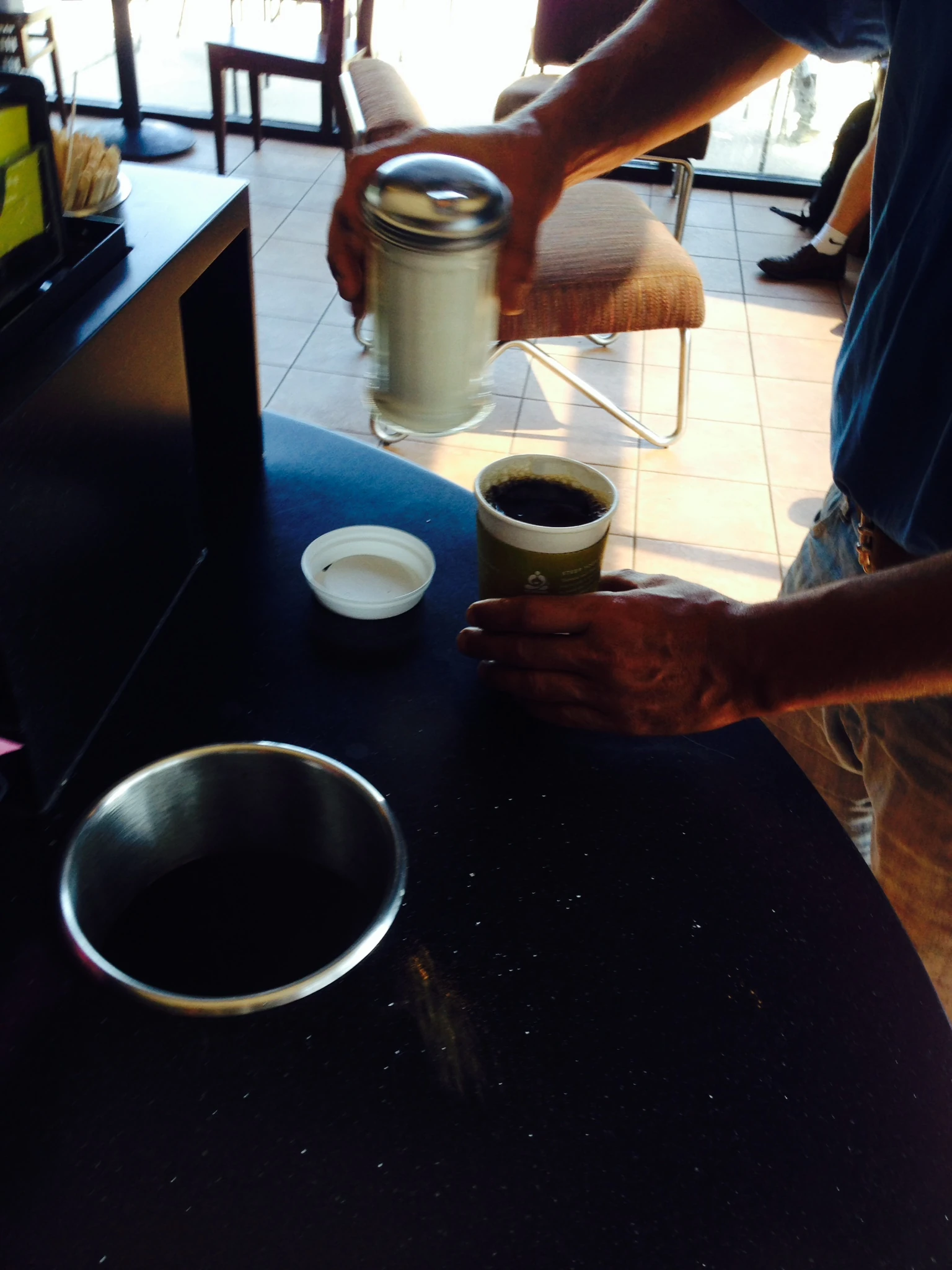 I’m doing this post at a Starbucks across the street from Trudi’s mom’s house. This guy must be from Brazil or somewhere. He asked for more sugar, after he had already put an enormous amount of sugar in his coffee. I took this photo after they had refilled the sugar container and he had let it flow into his coffee for at least 15 more seconds. Right after this, he tasted the coffee, unscrewed the top of the sugar container and dumped at least an 1/8 or a cup more into his cup. Unbelievable.
