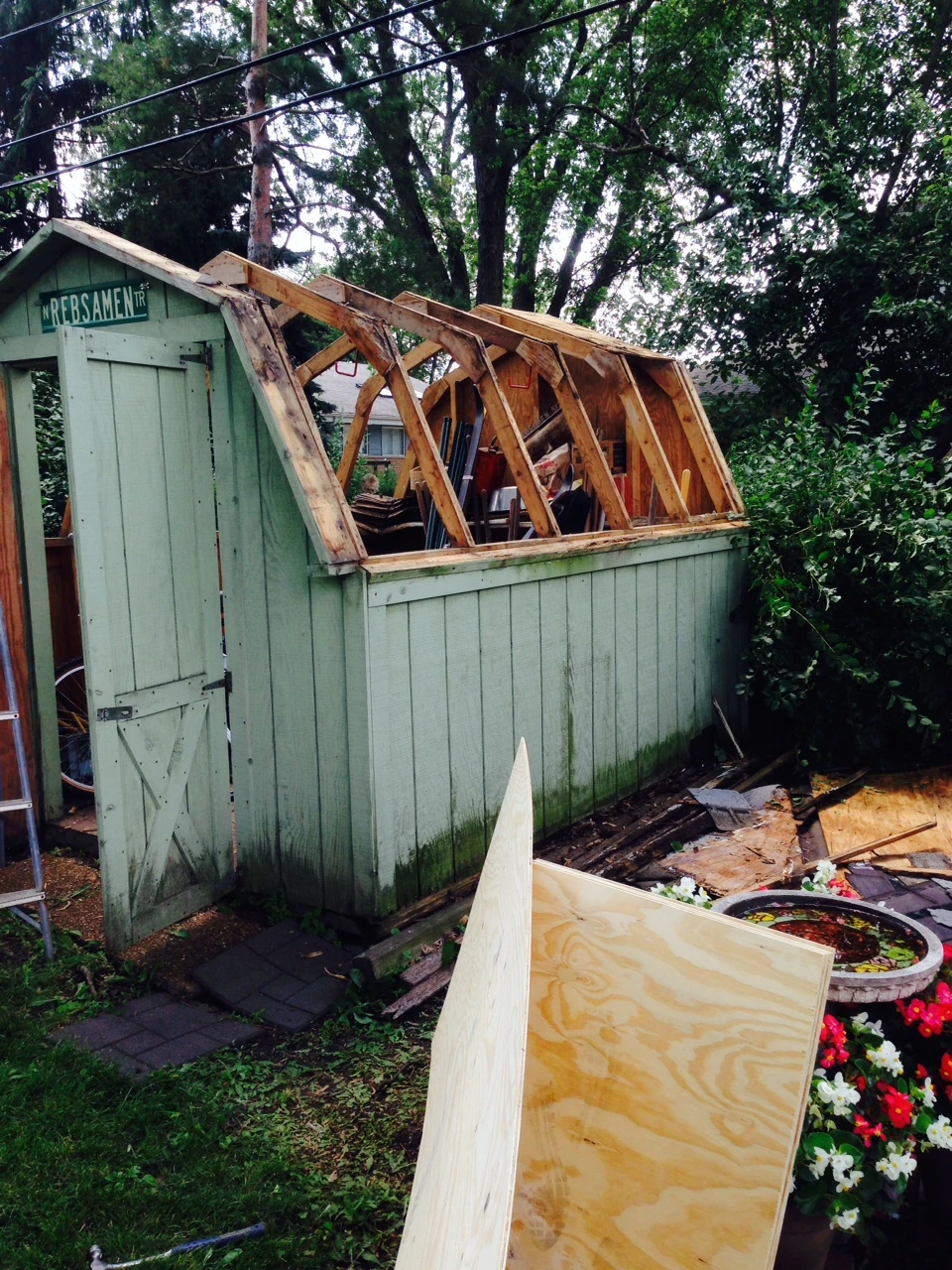 Old shingles removed. You can see the mold on the rafters.