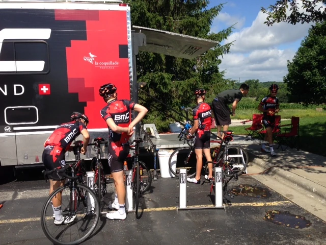The BMC guys getting ready to ride over to the road course this morning. I was jealous.