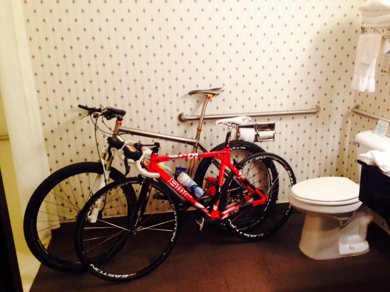 It isn&rsquo;t often where I bring bikes into the hotel, since I have a big van. We&rsquo;re in a handicap room, which is nearly true.