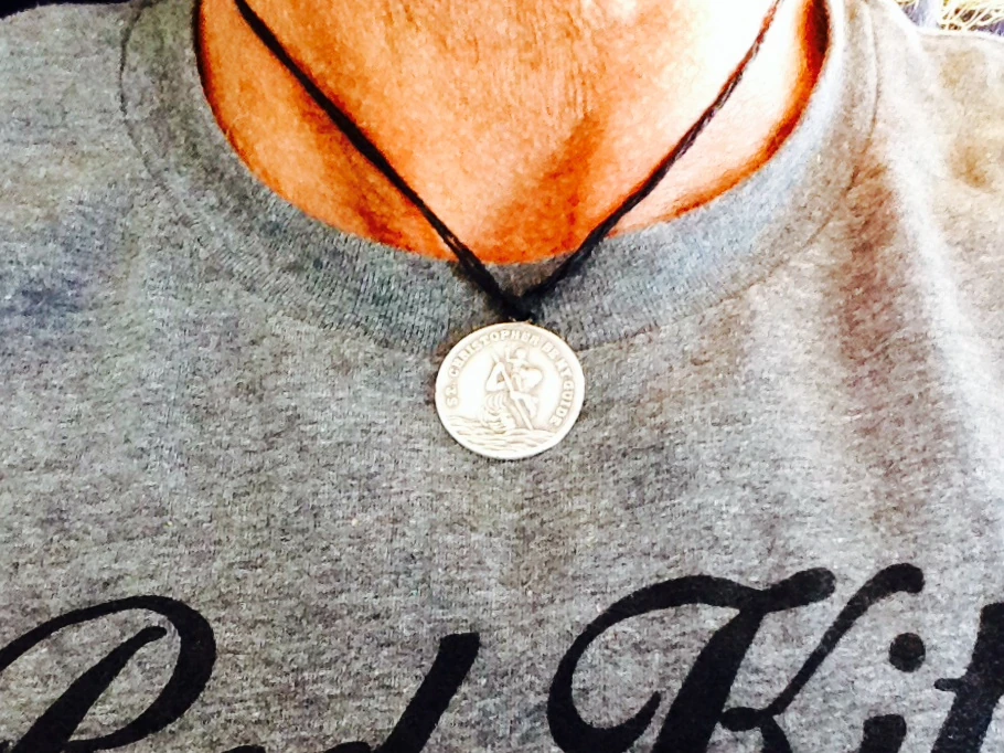 When I had surgery, they had to cut off my St. Christopher medal. There were a lot jewelers at the La Jolla Farmer&rsquo;s Market on Sunday, and it&rsquo;s back to where it belongs.
