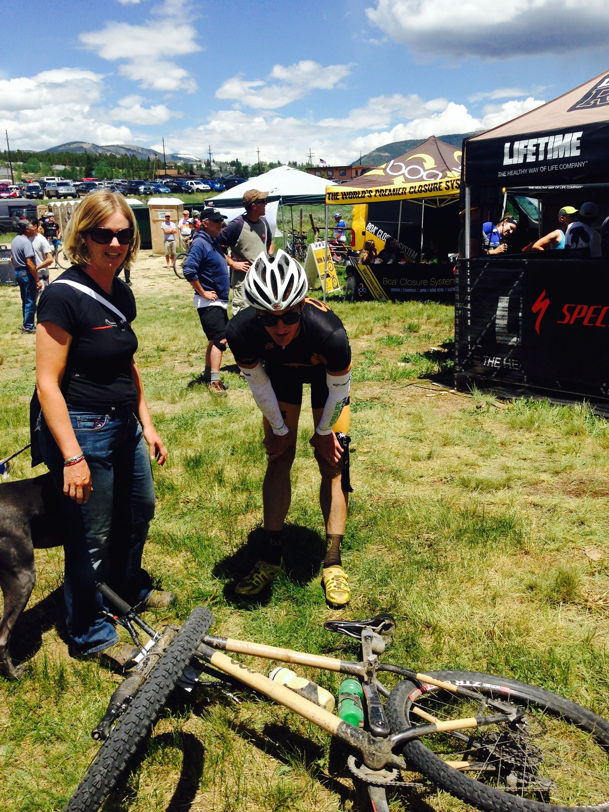 Michelle and Nick Frey, czar of Boo Bicycles. Nick is a midwest boy, now in Breckenridge. Nick had a big cramping issue towards the end, thus the position here.